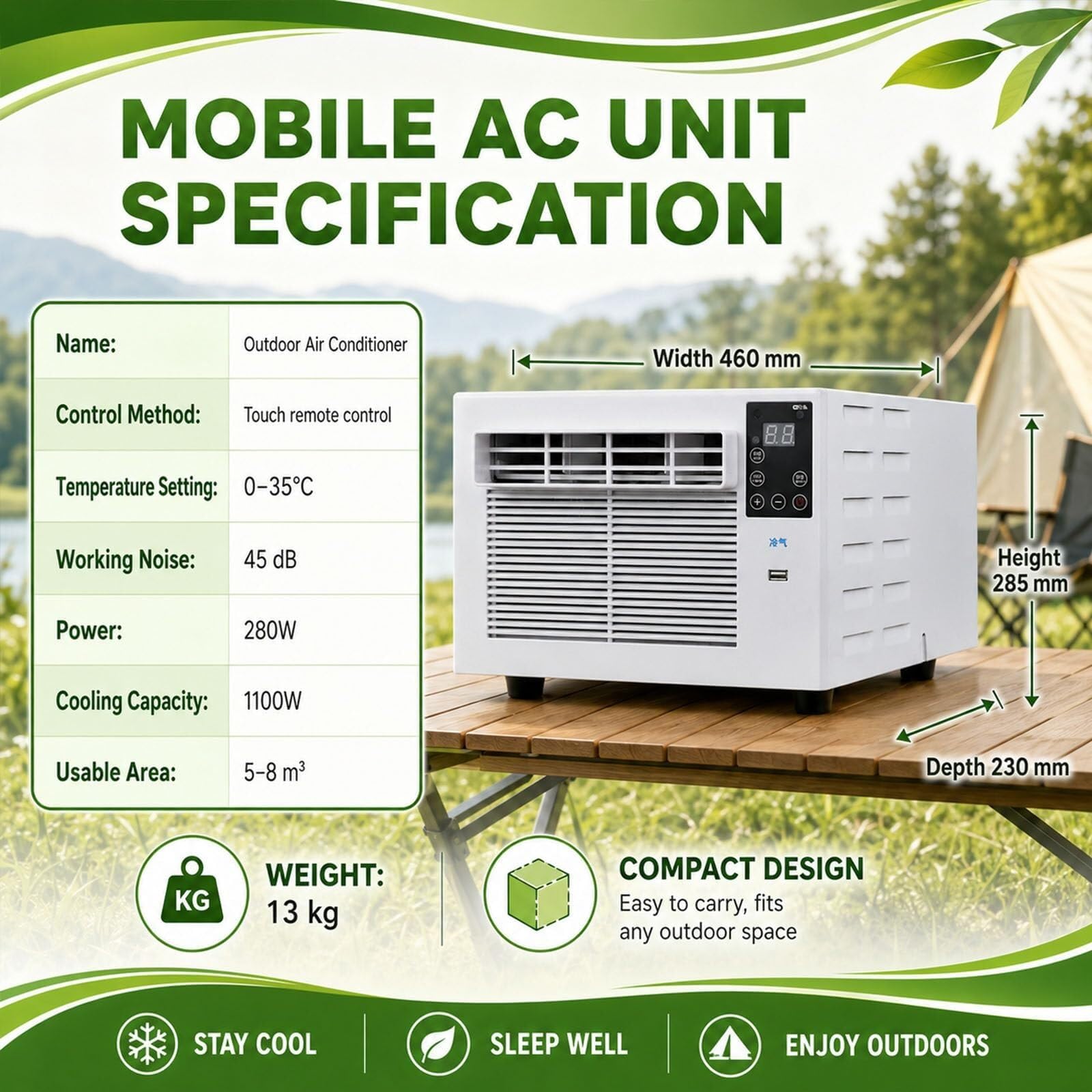 Przenośny klimatyzator 280 W na nocny kemping, mobilny klimatyzator namiotowy i klimatyzator kempingowy, 1876 Btu, pilot AC+1,2 M (AC+1,5 M)