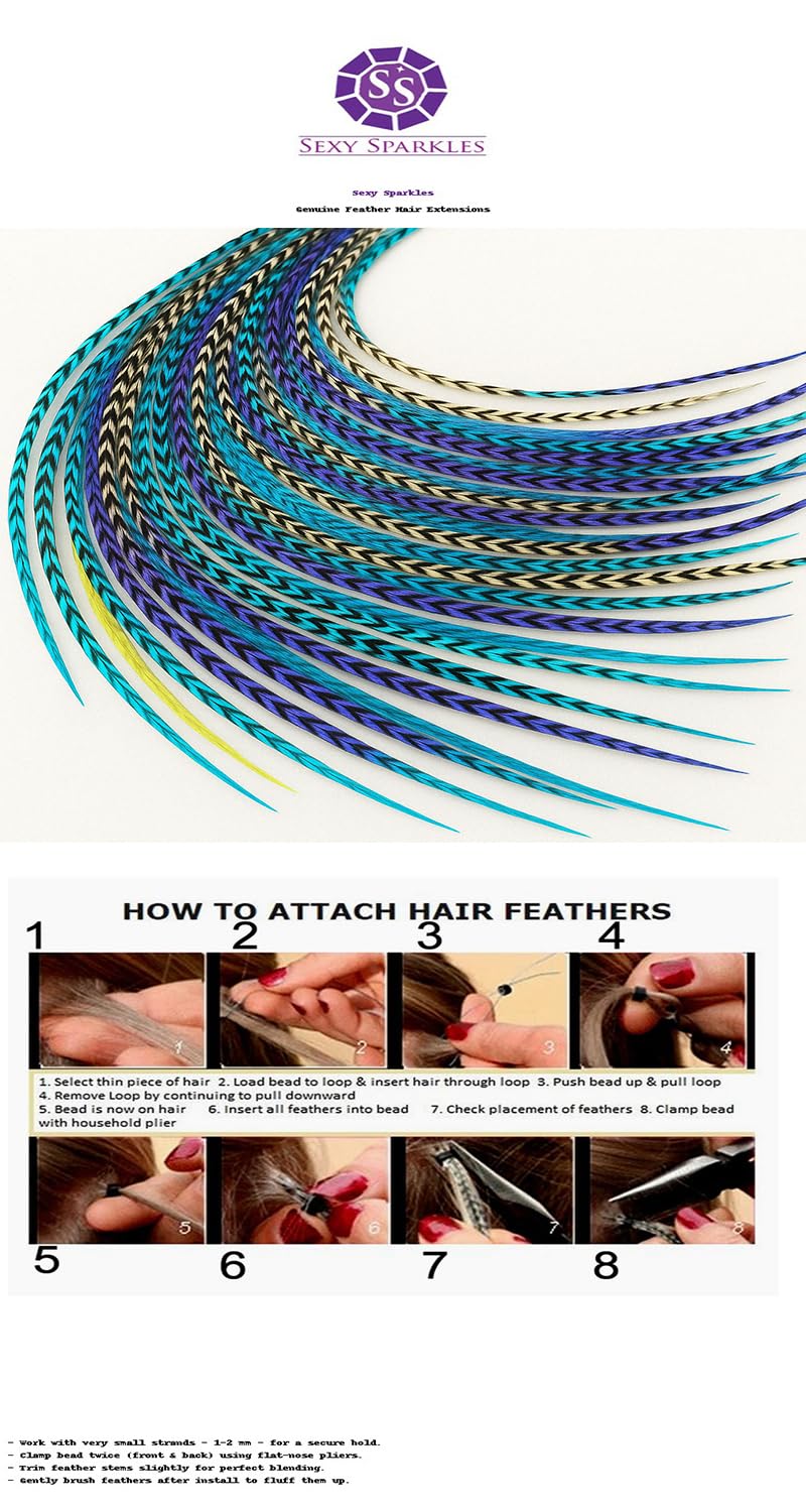 Sexy Sparkles - Kit di 25 extension per capelli con piume, 17,8 - 33 cm, 100% vere piume di gallo, ciocche lunghe e naturali (viola, blu, acqua, grizzly)