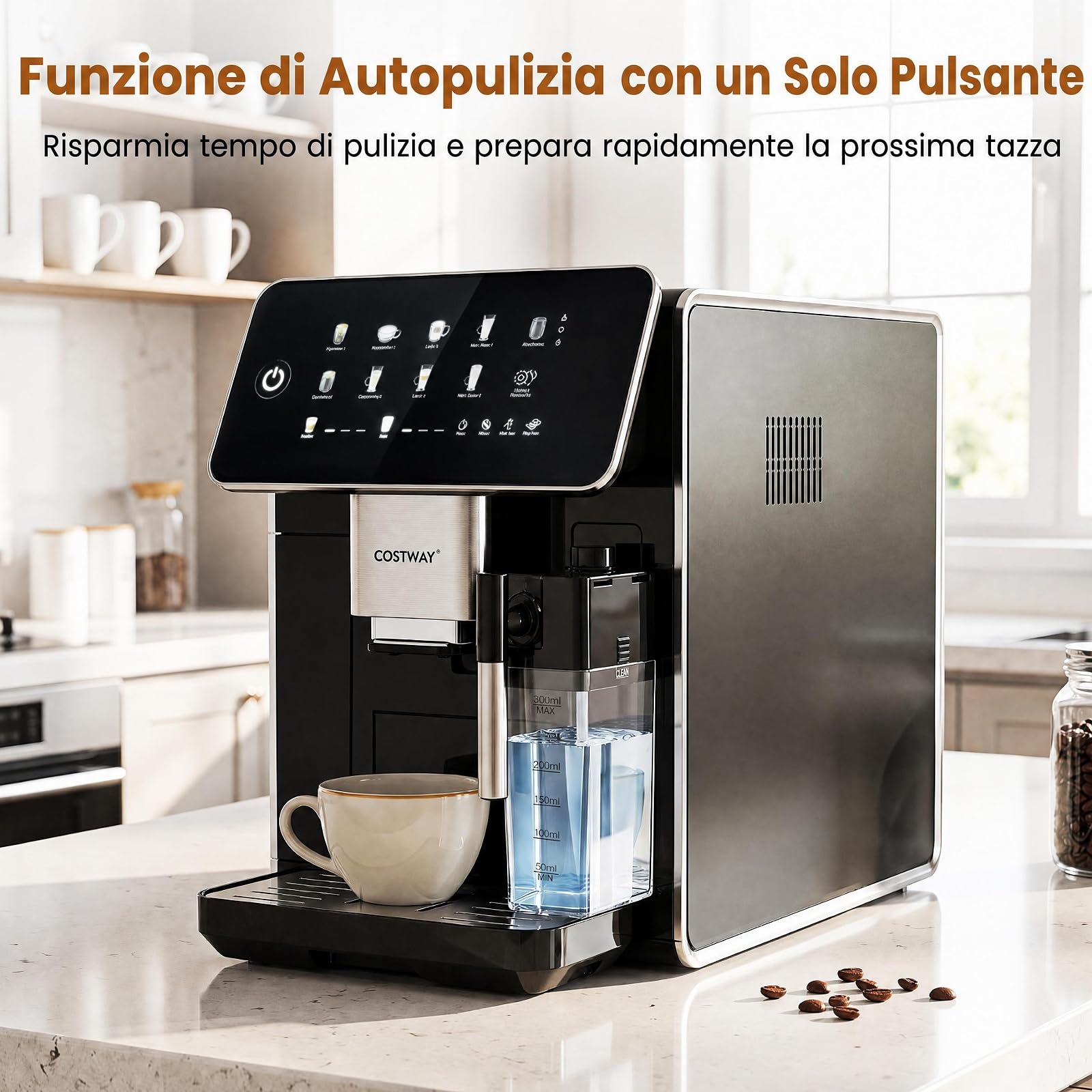 COSTWAY Machina da Caffè Automatica, con Macinacaffè e Montalatte, 15 Bar