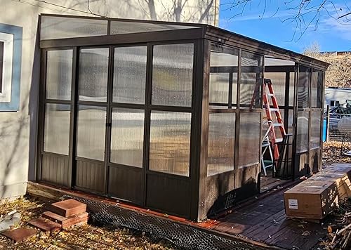 Miniatura 9 de Domi - Cenador montado en la pared de 12 x 14 pies, pérgola de aluminio inclinado con techo de acero galvanizado con cortinas y malla para patio,