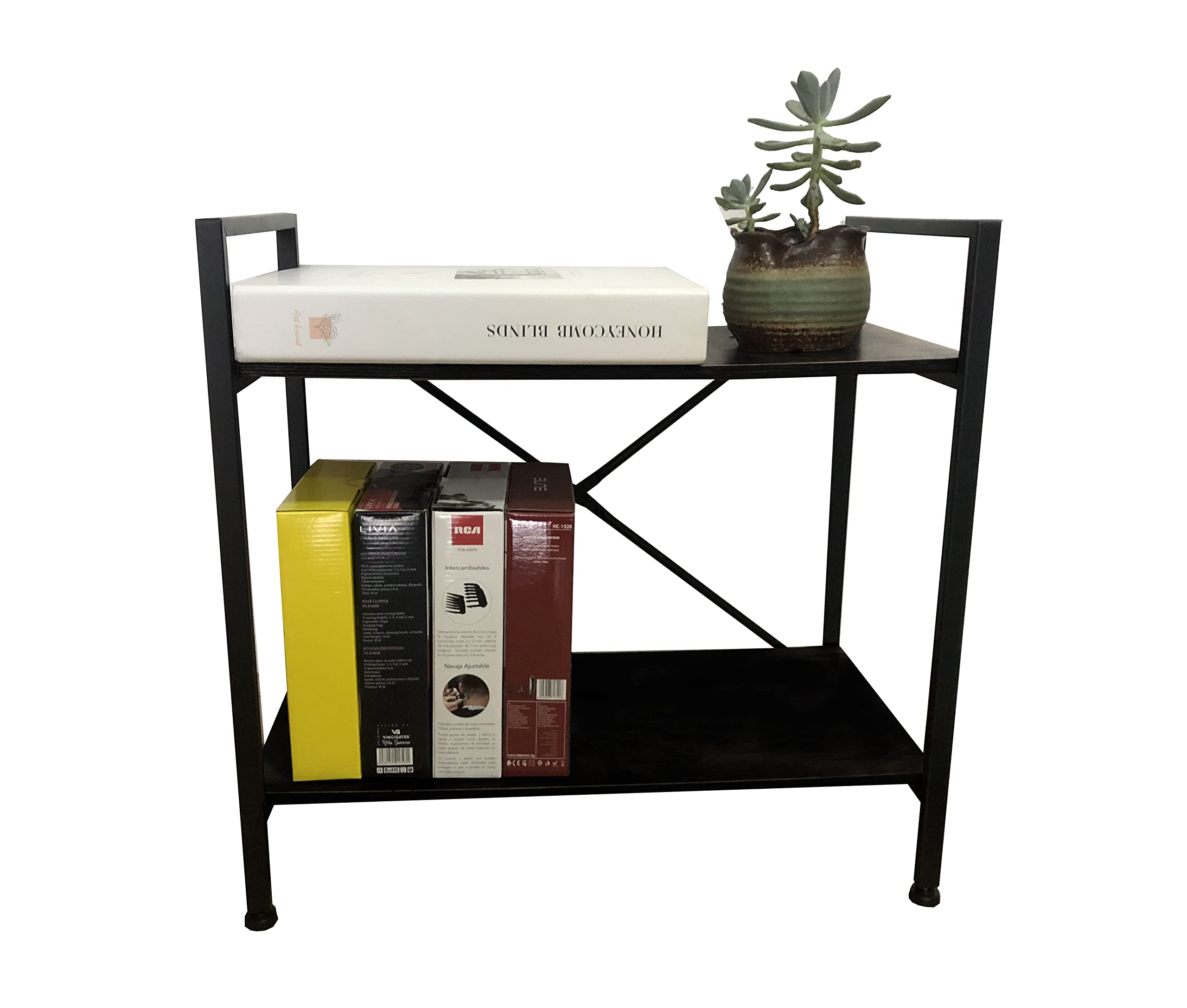 Bookcase 2 Tier Small Wood and Metal Shelves Industrial Bookcase