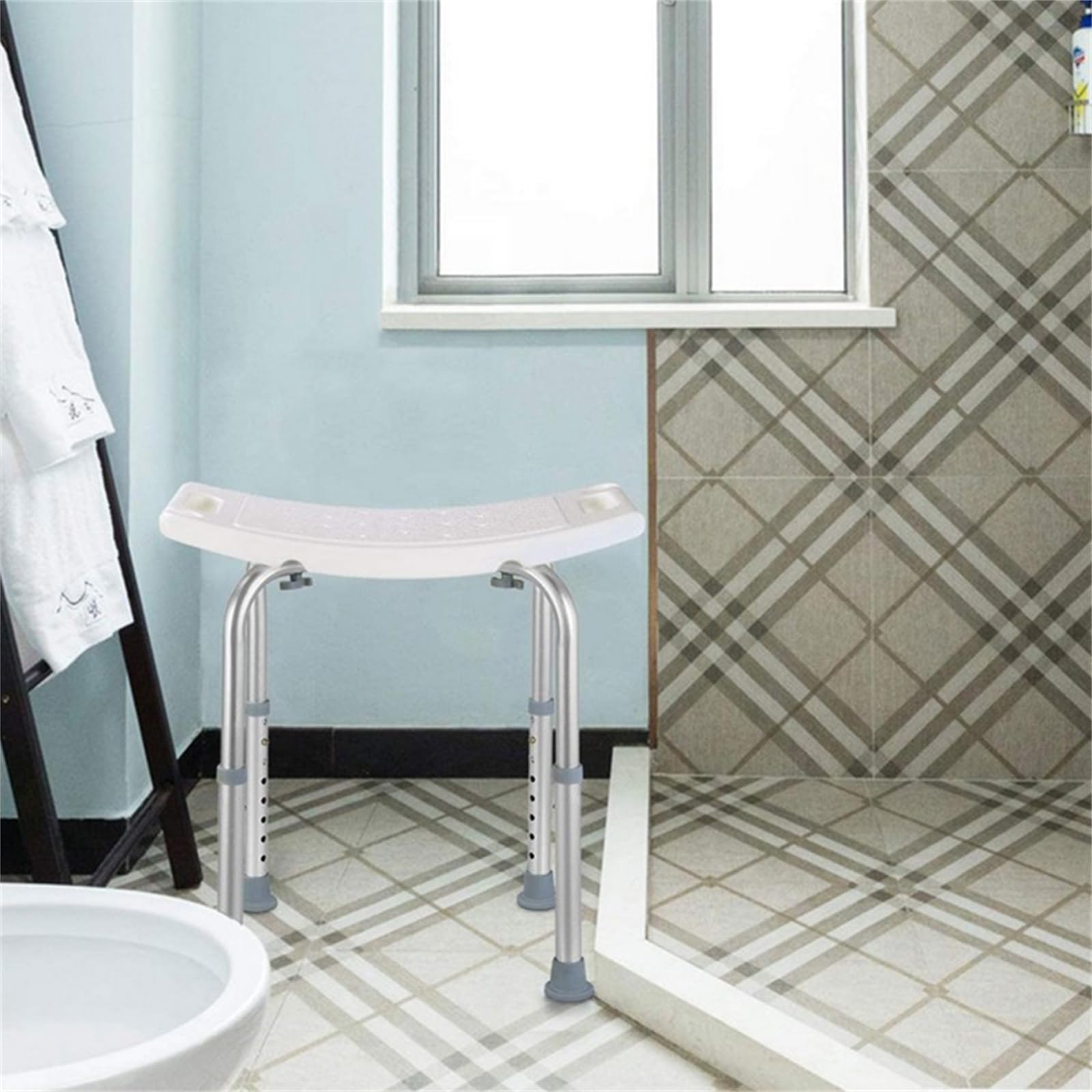 Silla de ducha, asiento de ducha ajustable en altura con orificios de evacuación asiento de baño en forma de U con patas antideslizantes, para el cuarto de baño
