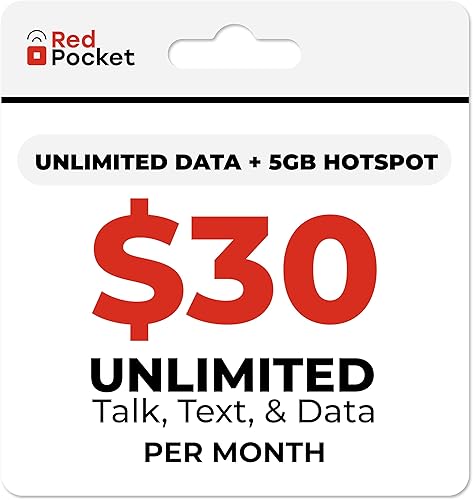 Red Pocket Mobile Plan telefónico con tarjeta SIM gratuita ($30mes) - 10 GB de alta velocidad 5G y 4G LTE, llamadas y texto ilimitados (GSMA,
