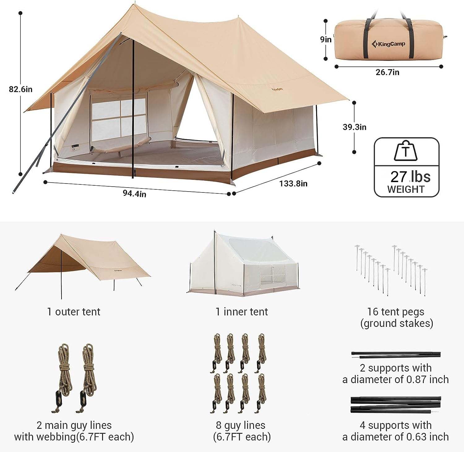 KingCamp Canvas Cabin Tent with Large Windows, Waterproof & Breathable 4 Season Tents, Easy Setup Glamping Tent with Carry Bag, for Camping, Picnic Khaki