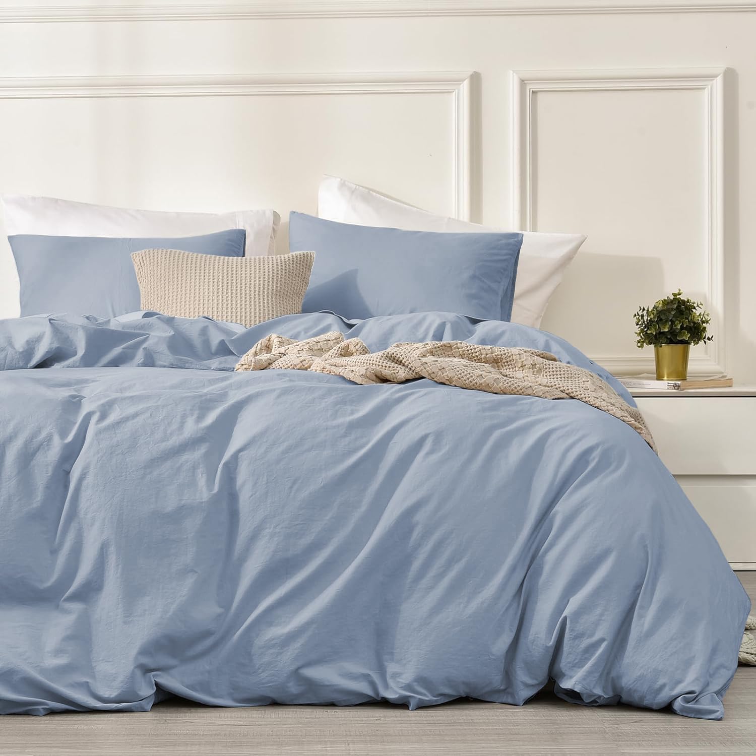 Juego de Funda Nordica Cama 135/150 Azul Claro 100% Algodón Transpirable Suave Moderno Juego de Funda de Edredón 240x220 y Fundas Almohada (50x75cm)