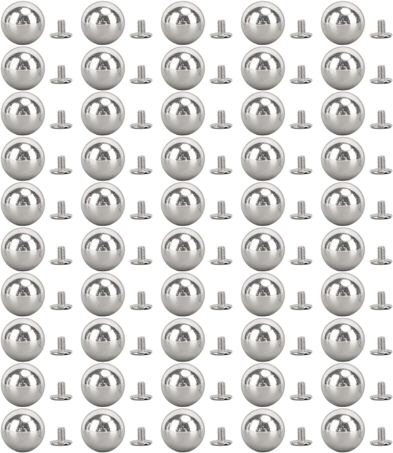 50 Sets Ball Head Stud, 50Pcs 15mm Pearl Studs with 50Pcs 6mm Slot Screw, Spherical Rivet Solid Metal Round Beads for Clothing Shoe Handbag Leathercraft (Silver)