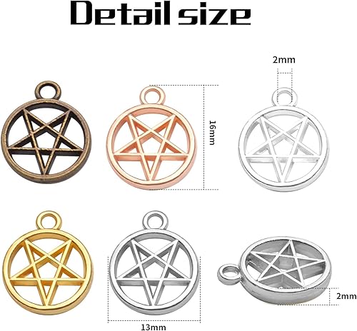 Miniatura 4 de Aylifu 50 dijes de pentagrama vintage redondos de pentagrama con estrella de pentáculo, accesorio para hacer joyas para collares, pulseras, aretes,