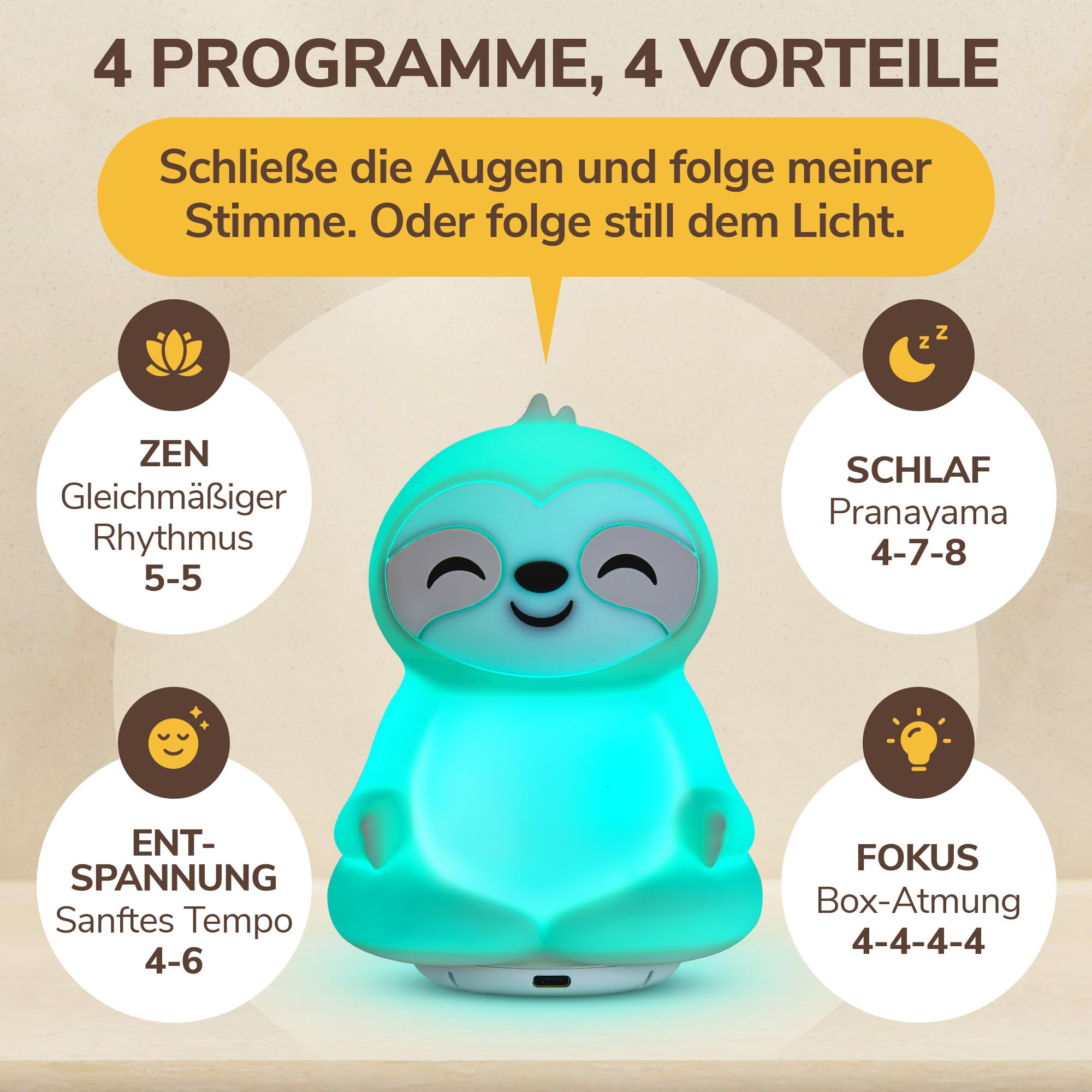 Atemtrainer mit Licht- & Sprachführung – Fördert Schlaf, Konzentration, Entspannung & Wohlbefinden – 4 Modi für Achtsamkeit – Audioanweisungen auf Deutsch – Wiederaufladbar