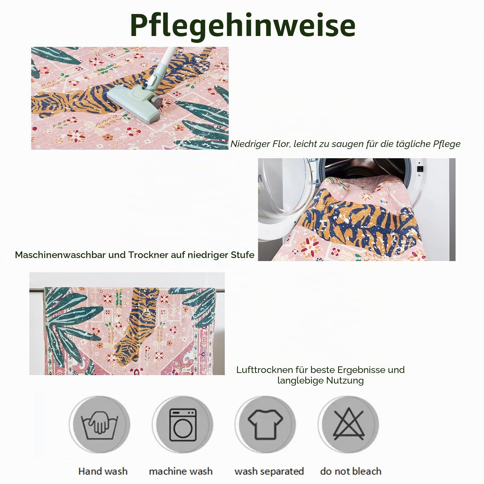 Waschbarer rosa Teppich, dünn, orientalisch, Boho, Vintage, niedlich, tropischer Leopard, 1,5 m, rund, für Schlafzimmer, Küche, Esszimmer, Wohnzimmer, Büro, Eingangsbereich, Used-Look,