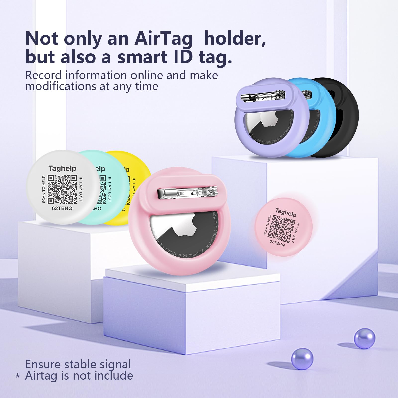 Apple AirTag Holder for Kids with Pin, Safe Hidden Lightweight GPS Tracker with QR Code Name Tag for Kids Compatible with Apple Air Tags for Child, Elderly, Pets Collar, Shoes (Pink)