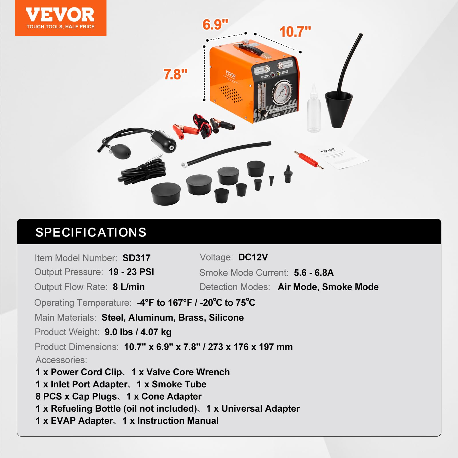 VEVOR Detector de Fugas de Humo para Automóviles, con Bomba de Aire Incorporada, Manómetro y Caudalímetro, Modo Dual para Pruebas de Vacío, Combustible y Tuberías, 273 x 176 x 197 mm, 19-23 PSI