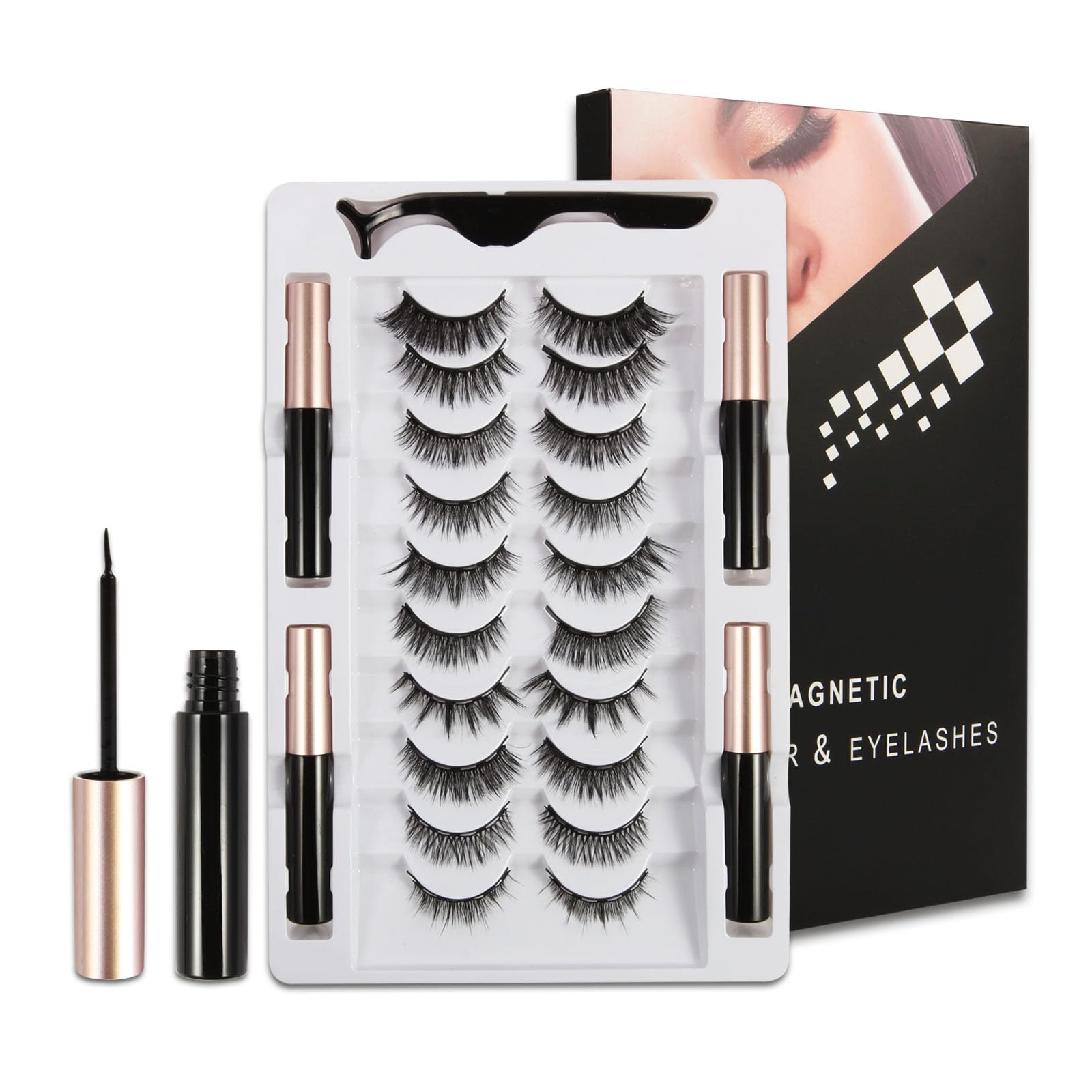 FEITA Magnetic Eyelashes & Eyeliner Kit, Reusable Magnetic Lashes with 1 Applicator Tweezer & 4 Eyeliner, 3D Cat Eye Natural Look False Eyelashes Pack