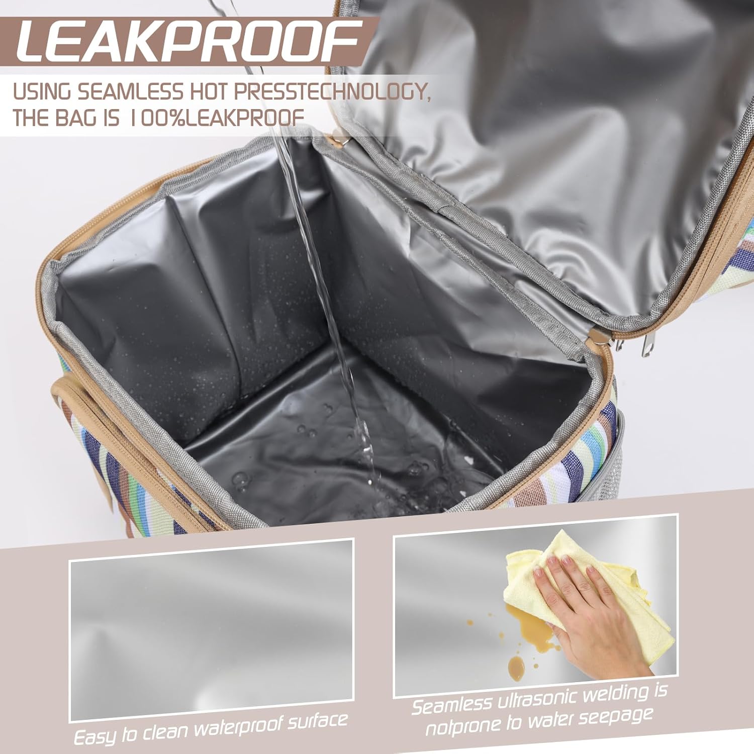 Insulated Lunch Bag for Women Men, Reusable 3 Layers Lunch Box Women, Expandable Reusable Water-resistant Lunch Box for Work Travel Office Picnic Hiking (Stripe) - Image 3