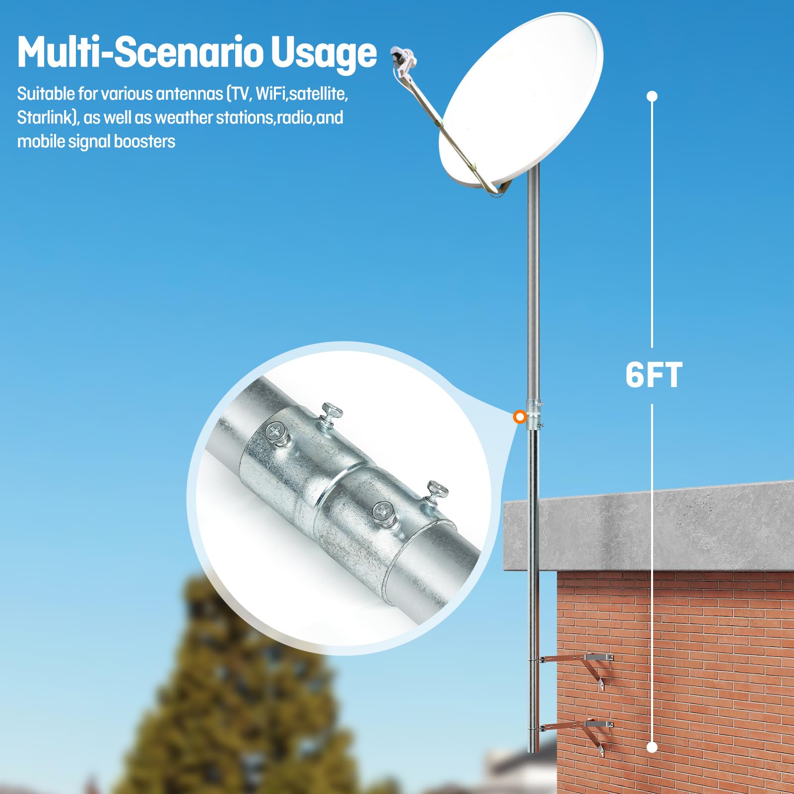Lot de 2 rallonges de mât d'antenne de 0,9 m avec coupleur, diamètre extérieur 3,2 cm | Assemblage de 1,8 m, en acier galvanisé robuste, pour amplificateur de signal de station météo