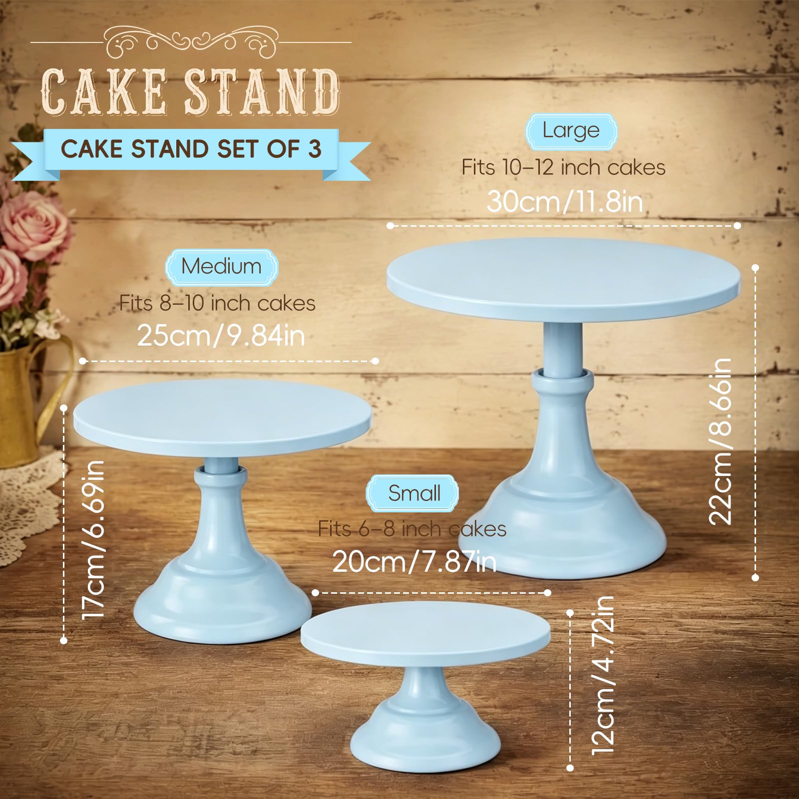 Kuchenständer-Set, rund, Metall, verschiedene Größen, für Geburtstag, Hochzeit, Bankett, Gebäck, für Urlaub, Party, Dessert, Tischdekoration (20,3 cm, 25,4 cm, 30,5 cm, Teller) Blau, 3 Stück