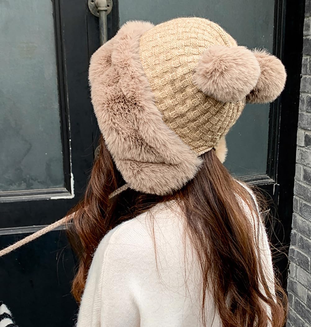 Winter Pompom Beanie Hats for Women Fluffy Knit Womens Beanie Faux Fur Crochet Skull Cap Warm Bucket Outdoor Ear Cover - Image 4