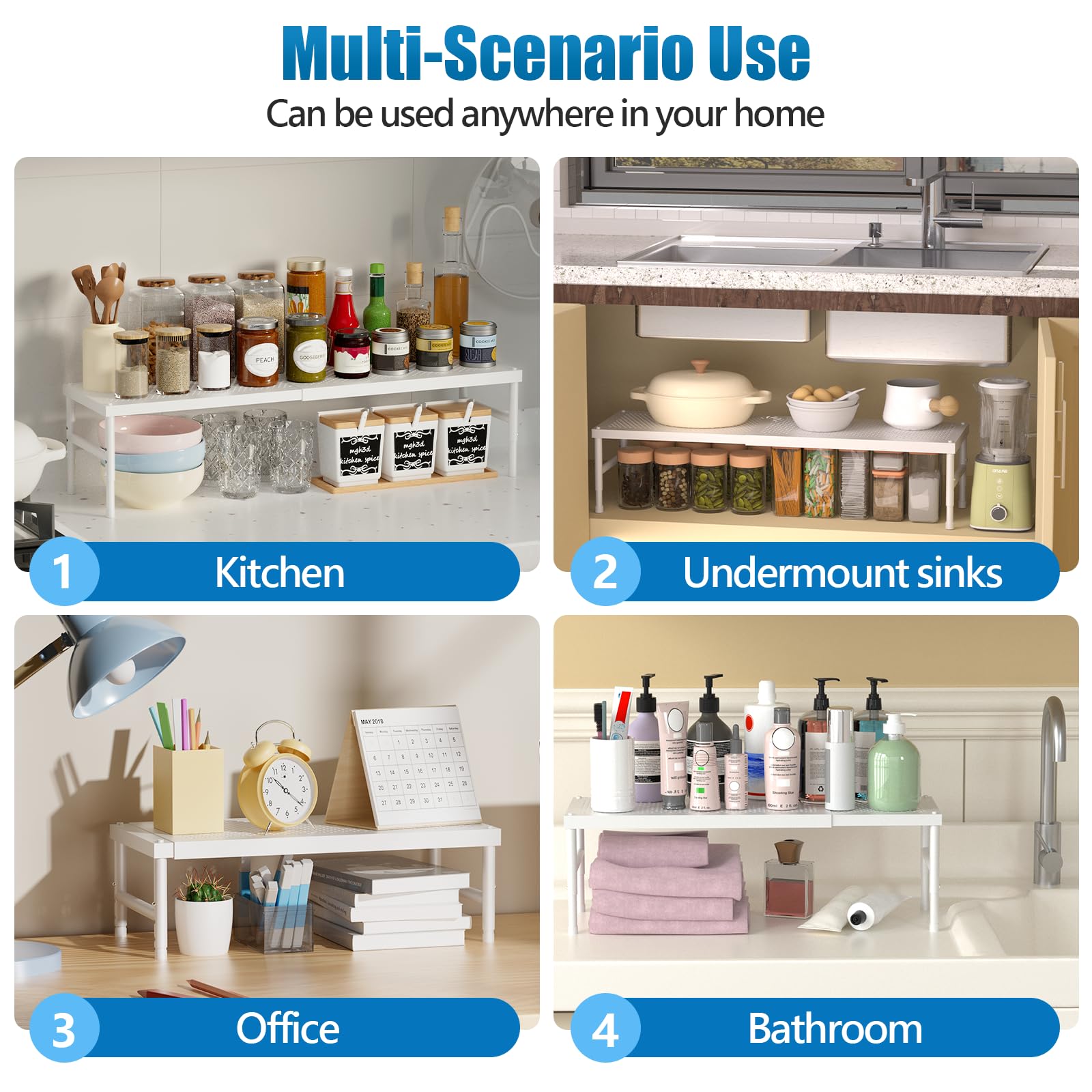 HI NINGER 72cm Erweiterbares Schrankregal, Küchengewürzregal, Verstellbares & Stapelbares Küchenregal Organizer, für Küchenschrank und Speisekammer, Passend für Arbeitsplatten Verschiedener（Weiß）