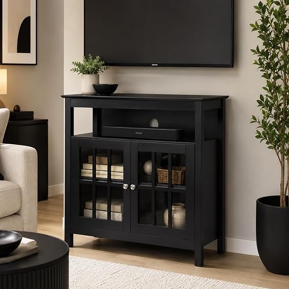 Convenience Concepts Big Sur Highboy TV Stand 36 - Modern Entertainment Center For TVs up to 40, Storage Cabinet for Dining, Living Room, Entryway, Console Hall Table with Shelves, Black