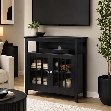 Convenience Concepts Big Sur Highboy TV Stand 36 - Modern Entertainment Center For TVs up to 40, Storage Cabinet for Dining, Living Room, Entryway, Console Hall Table with Shelves, Black