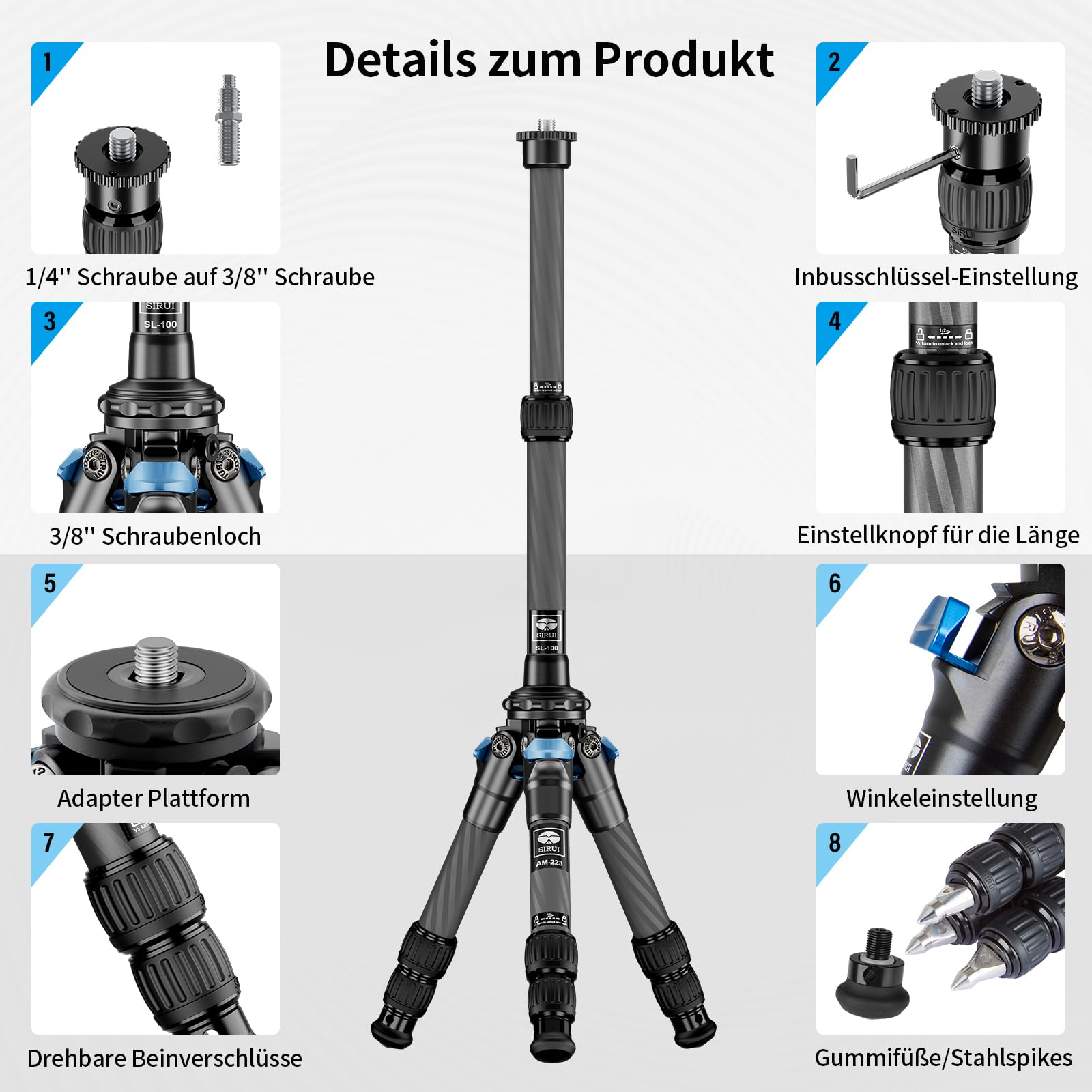 SIRUI AM-223+SL-100 Mini Carbon Tisch Stativ mit ausziehbarer Mittelsäule,Leicht Foto Ministativ Tischstativ für Kameras, Drehverschlüsse, Spikes, max. 660mm eingezogen 215mm, Tragkraft 12kg