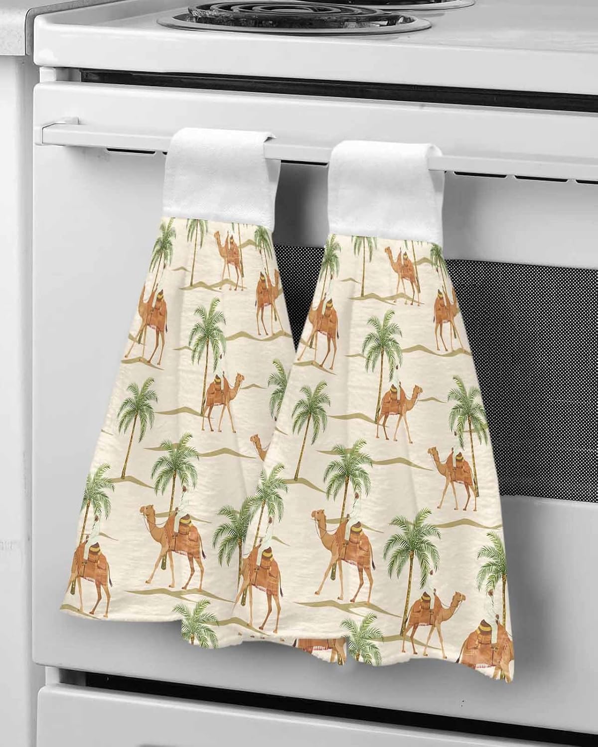 Date Coconut Tree Kitchen Hand Towels with Hanging Loops Set of 2 Desert Camels Botanical Tropical Beige Soft Thick Oven Fingertip Dry Microfiber Tie Dish Towel Absorbent Cleaning Washcloth