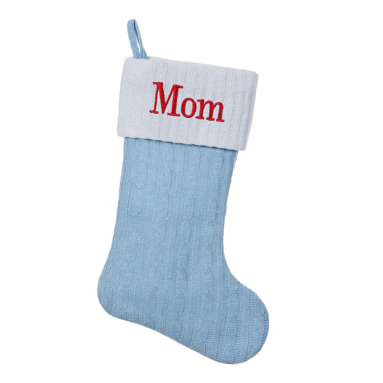 Blue Knit Christmas Stockings Personalized, 19.5 Inches Embroidered Letter Christmas Stocking for Holiday Decorations and Xmas Gift(Mom)