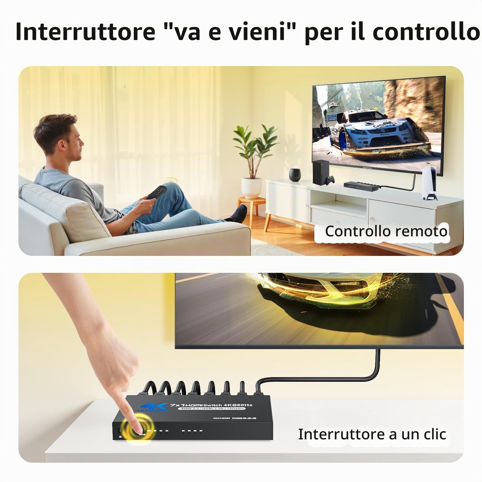 BolAAzuL Switch HDMI 7 in 1 Out 4K a 60Hz, selettore commutatore video con telecomando per 7 ingressi, supporto 3D, HDCP2.2, HDR per PS5, Xbox Series X, HDTV, PC