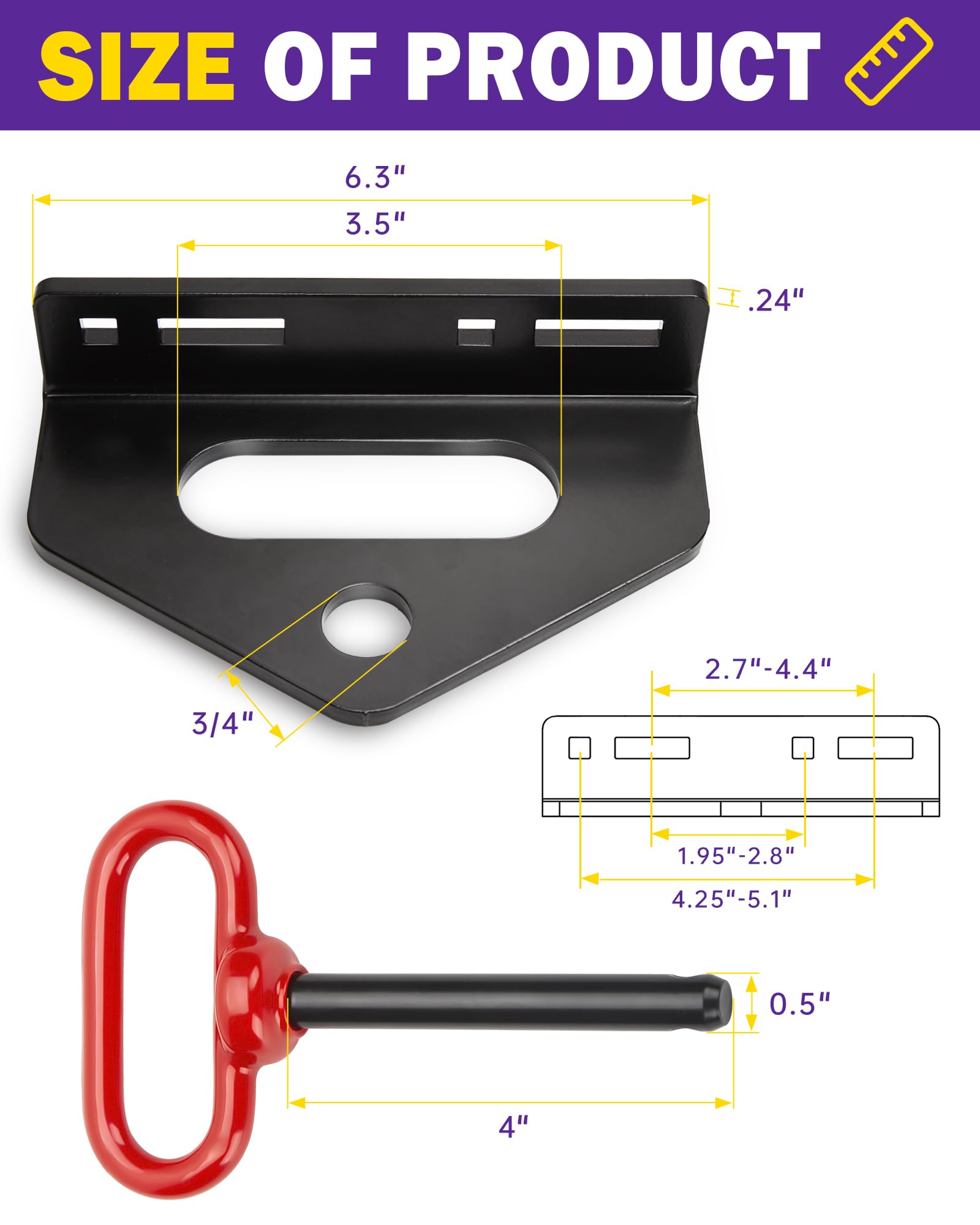 Enganche y pasador de enganche para remolque de cortacésped de giro cero, 1/4 pulgadas de grosor, kit de enganche universal de acero resistente con pin, ranura de cadena versátil, enganche de remolque