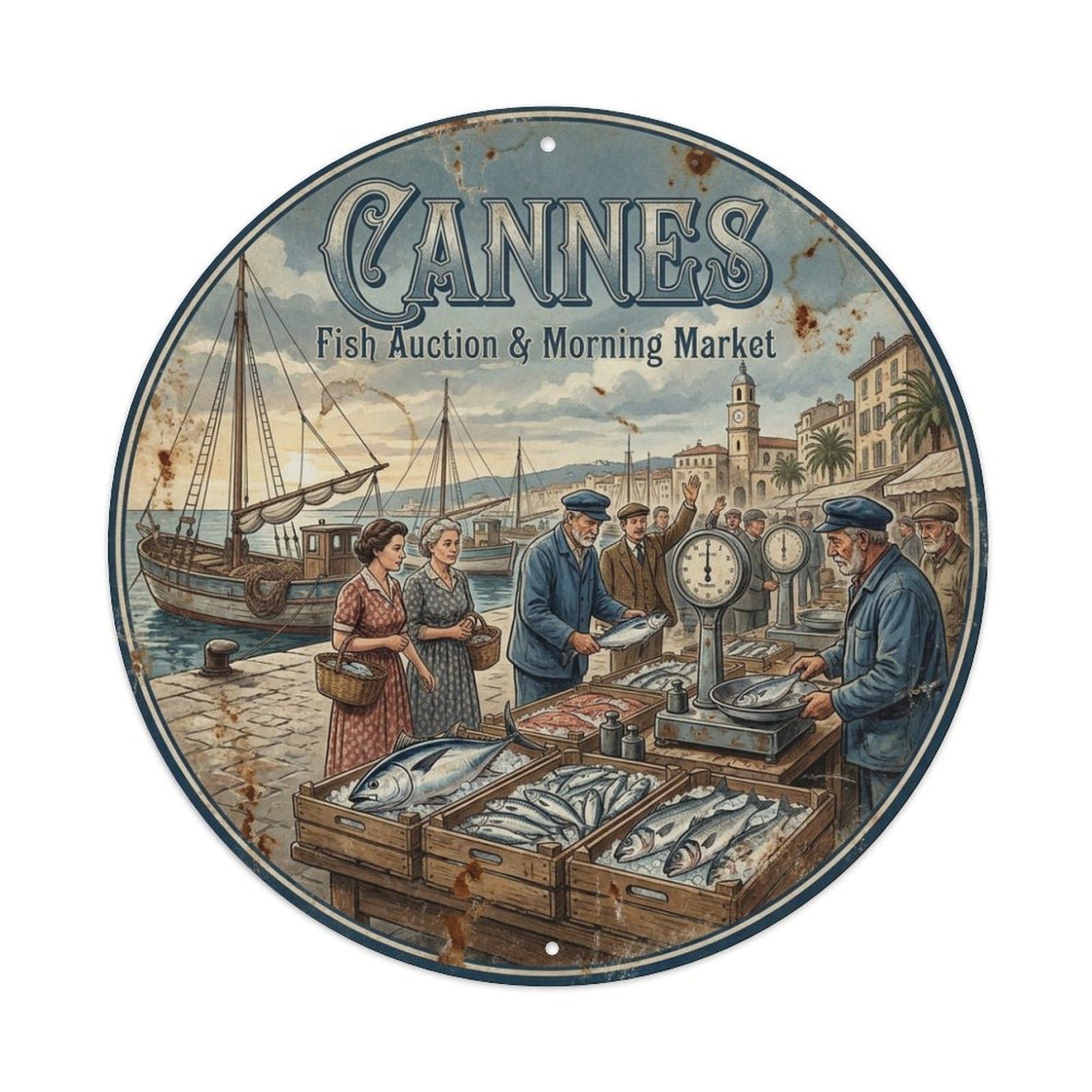Fish Auction Morning Market City Travel France Cannes Metal Tin Sign