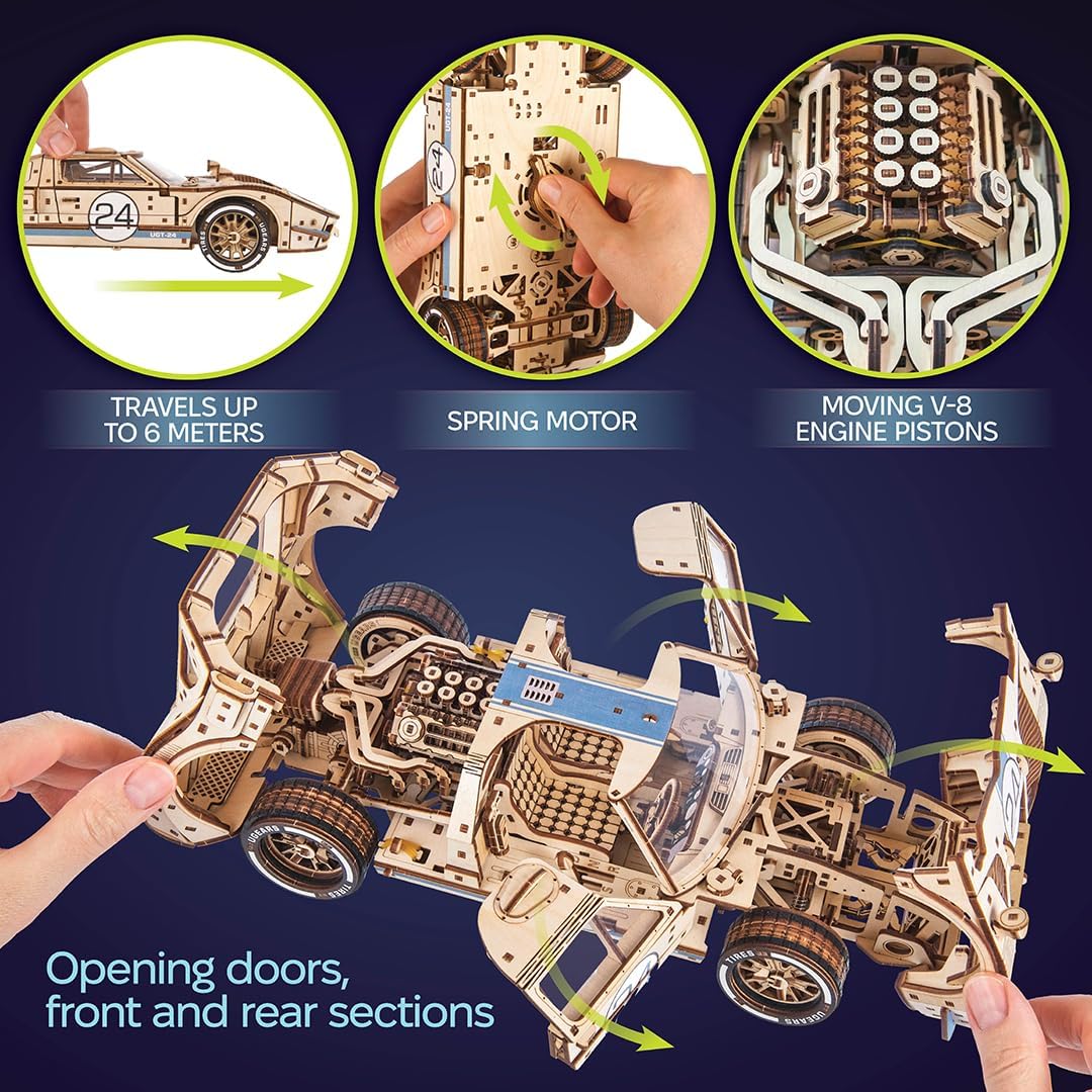 UGEARS UGT-24 Auto da Corsa di Endurance Puzzle 3D - Kit di Modelli Meccanici in Legno in Scala 1:12 da Costruire per Adulti - Kit di Costruzione Modello di Auto Sportiva - 970 Pezzi (Confezione da 2)