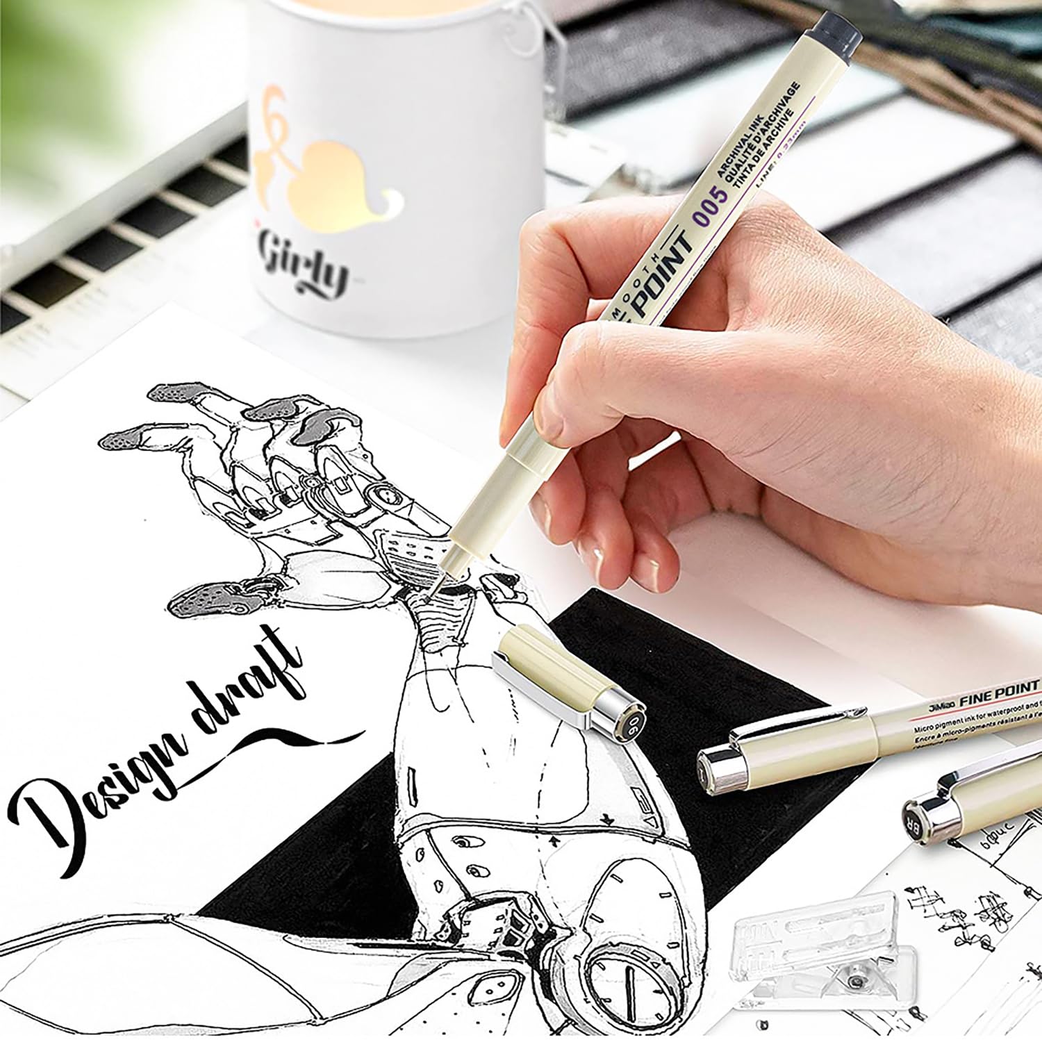 Penne da disegno Pigment Liner Nero Punta Fine impermeabile 12 Pezzi