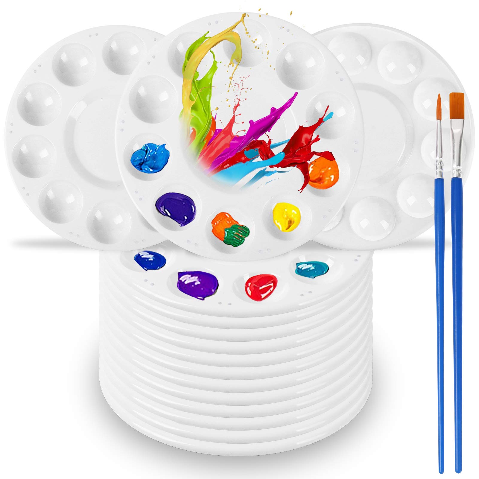 12 Pcs Paint Tray Palettes, Paint Pallet, Round Paint Palette, Paint Supplies, Paint Holder, Painting Palette, Paint Tray Pallet for Painting, Plastic Palette, with 2 Pcs Paint Pallet Brushes