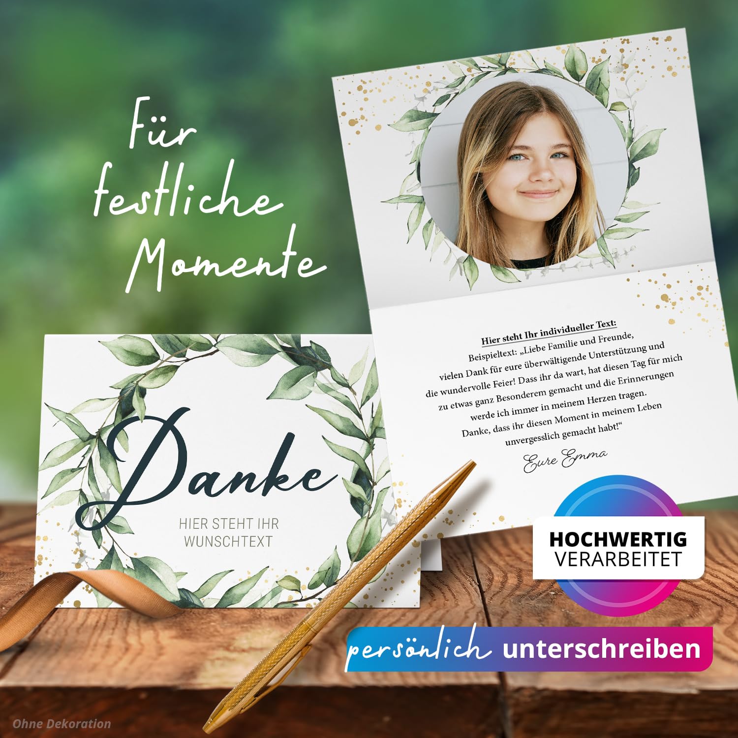Dankeskarten personalisiert mit Umschlag mit eigenem Text und Foto