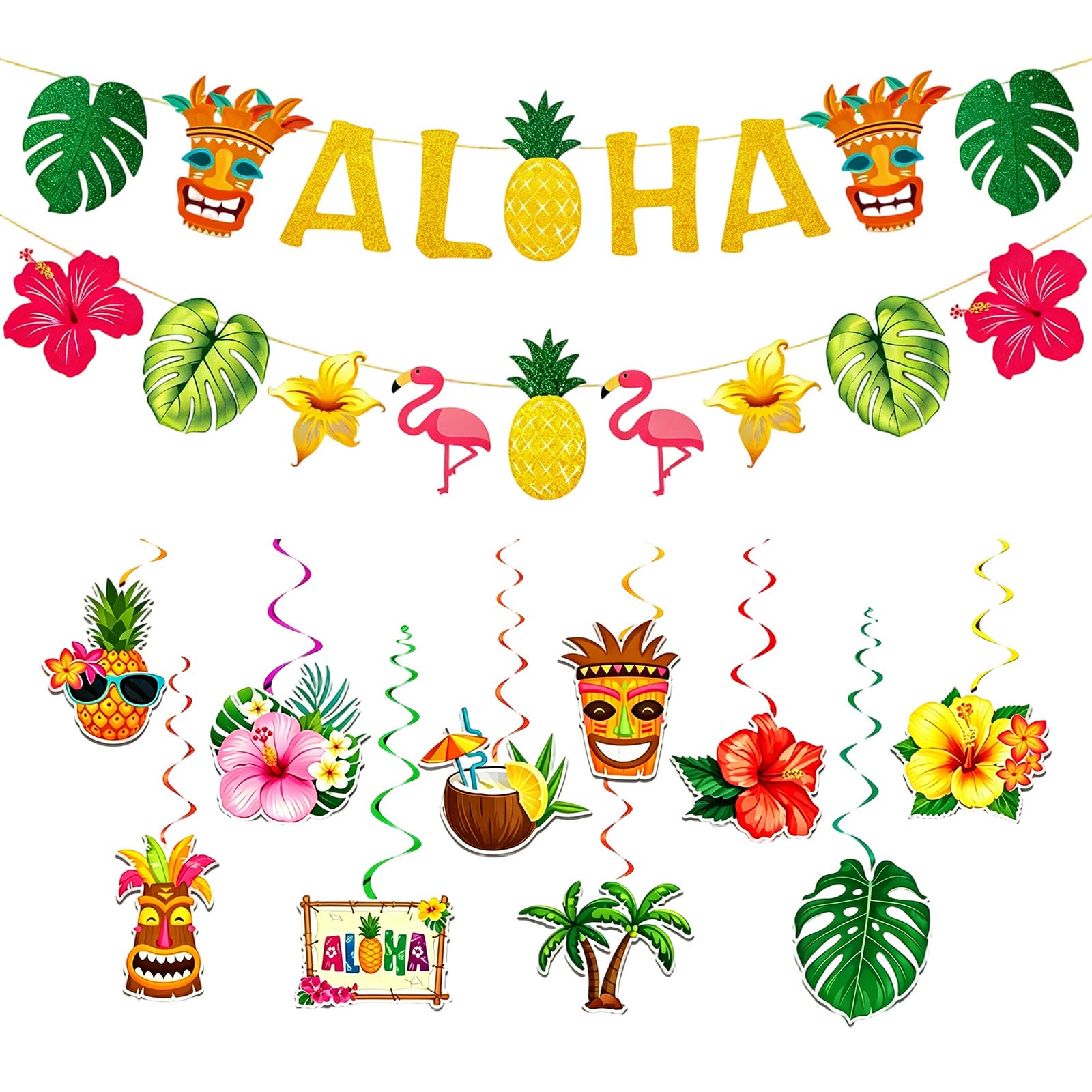 Hawaiian Party Decorations, Tropical Party Decorations, Tropical Summer Beach Set with 2PCS Banners and 10PCS Hanging Swirls, Banner for Holiday Birthday Garden Decoration