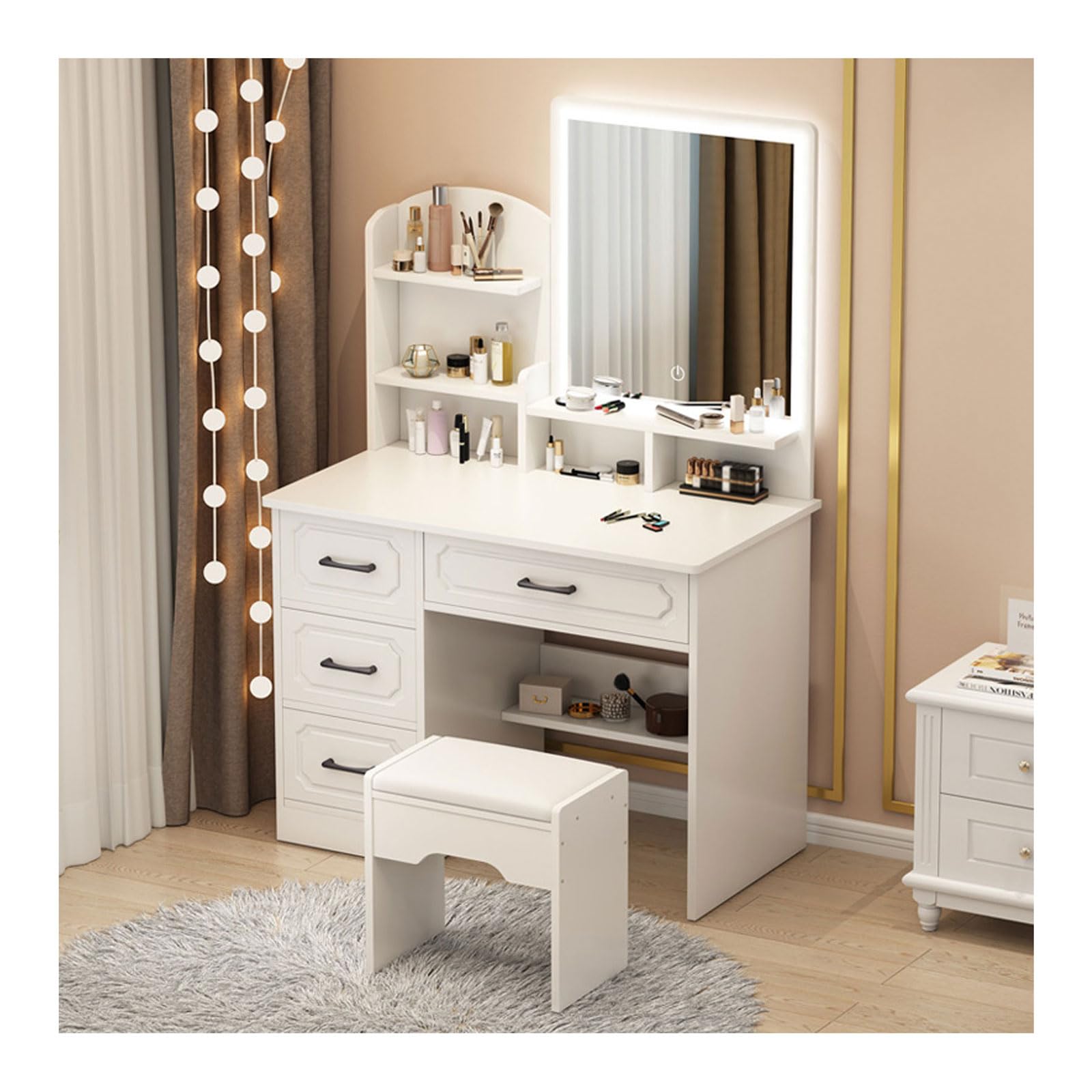 Natliedop White Dressing Table with 3 Modes Adjustable Brightness Mirror, Modern Vanity Set with Upholstered Stool & Large Capacity Storage Shelves, for Bedroom Furniture, Girls Women : Home & Kitchen