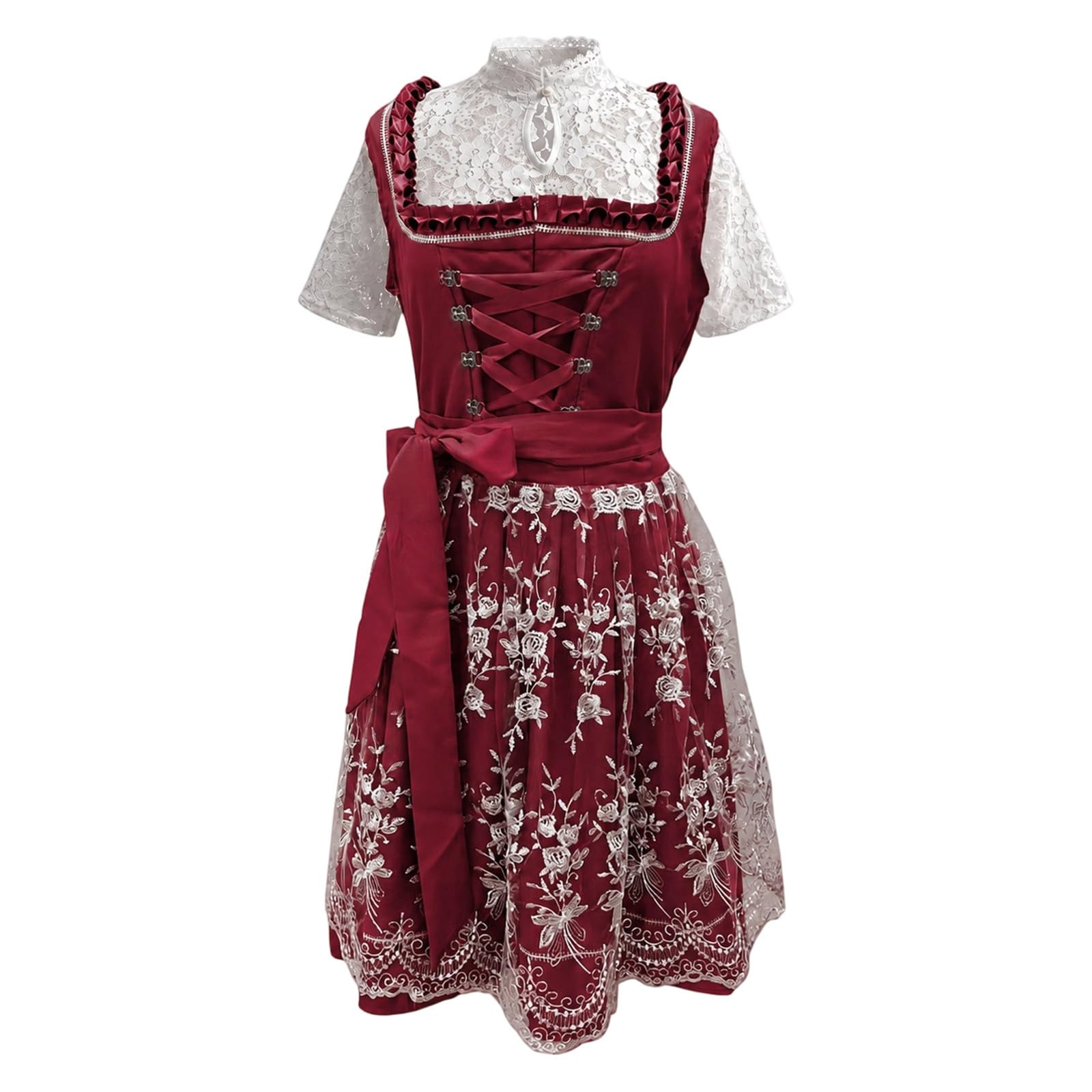 Dirndl Damen Midi Set 3 Teilig Oktoberfest Outfit Dirndlkleid inkl. Trachtenkleid Dirndlbluse Dirndlschürze Elegant Schlicht Spitze Trachten Kleid für Karneval Volksfeste
