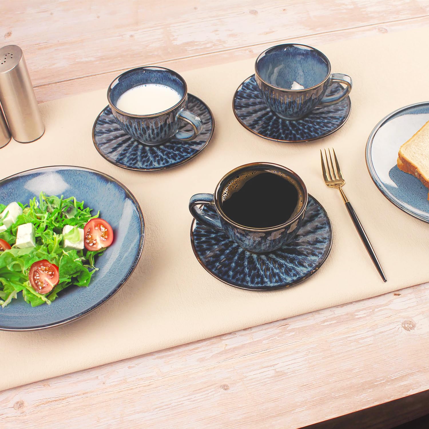 Set di tazze da caffè in ceramica con piattino, 8 pezzi, impilabili, per latte, tè caldo, cappuccino, moka, cacao, lavabili in lavastoviglie e forno a microonde, blu reale
