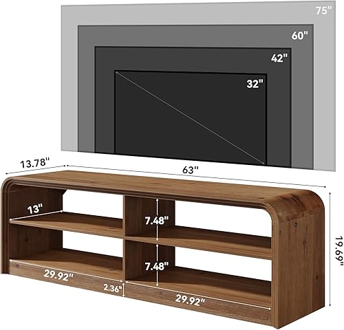 Miniatura 2 de Soporte de TV de madera maciza, mesa consola de TV de 63 pulgadas de largo con almacenamiento para televisores de 55/60/65/75 pulgadas, centro