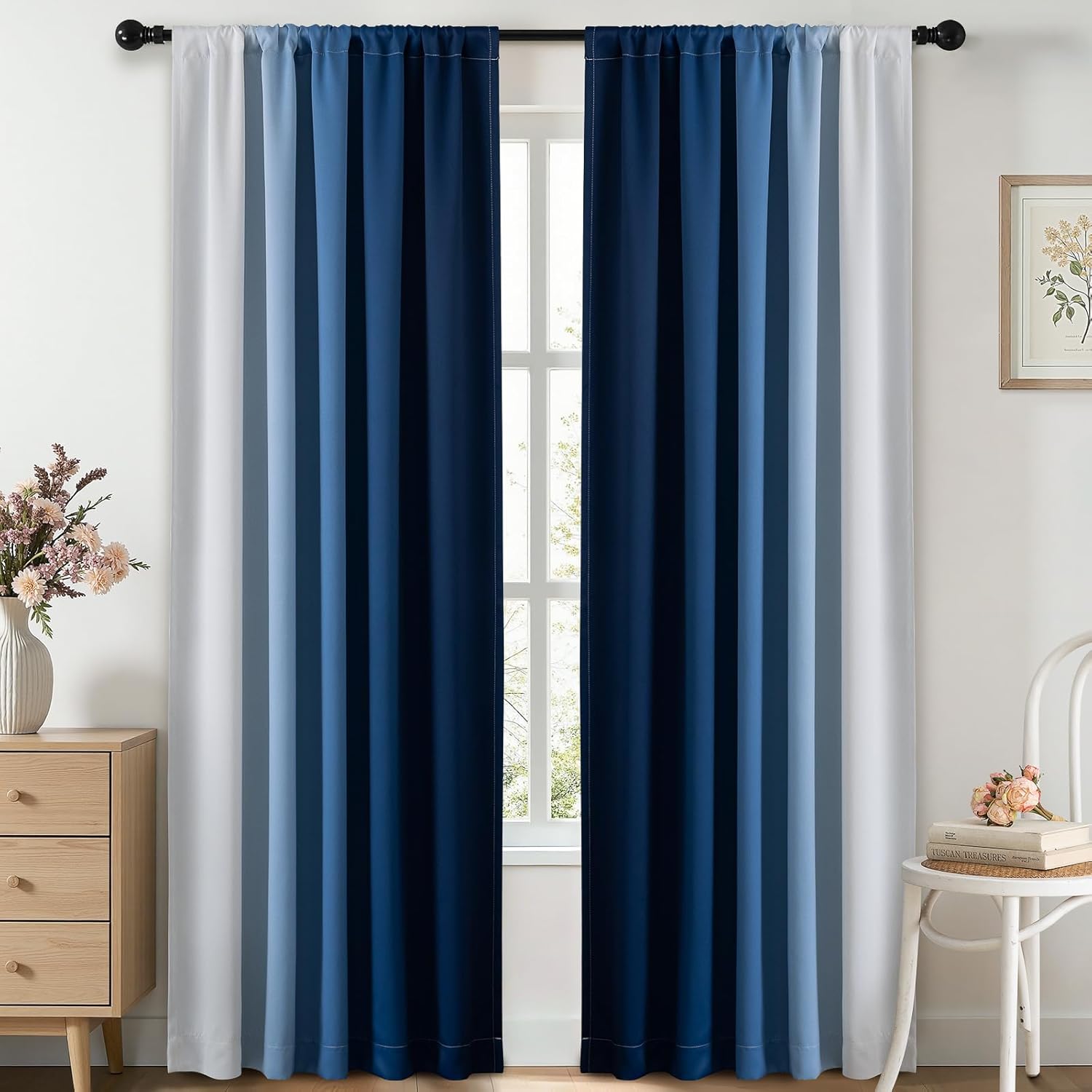 Yakamok 100% Blackout Curtains 84 inches Long, Room Darkening Blue and Greyish White Curtains Ombre for Bedroom,Gradient Rod Pocket Window Curtains for Living Room,2 Panels,52x84 inch
