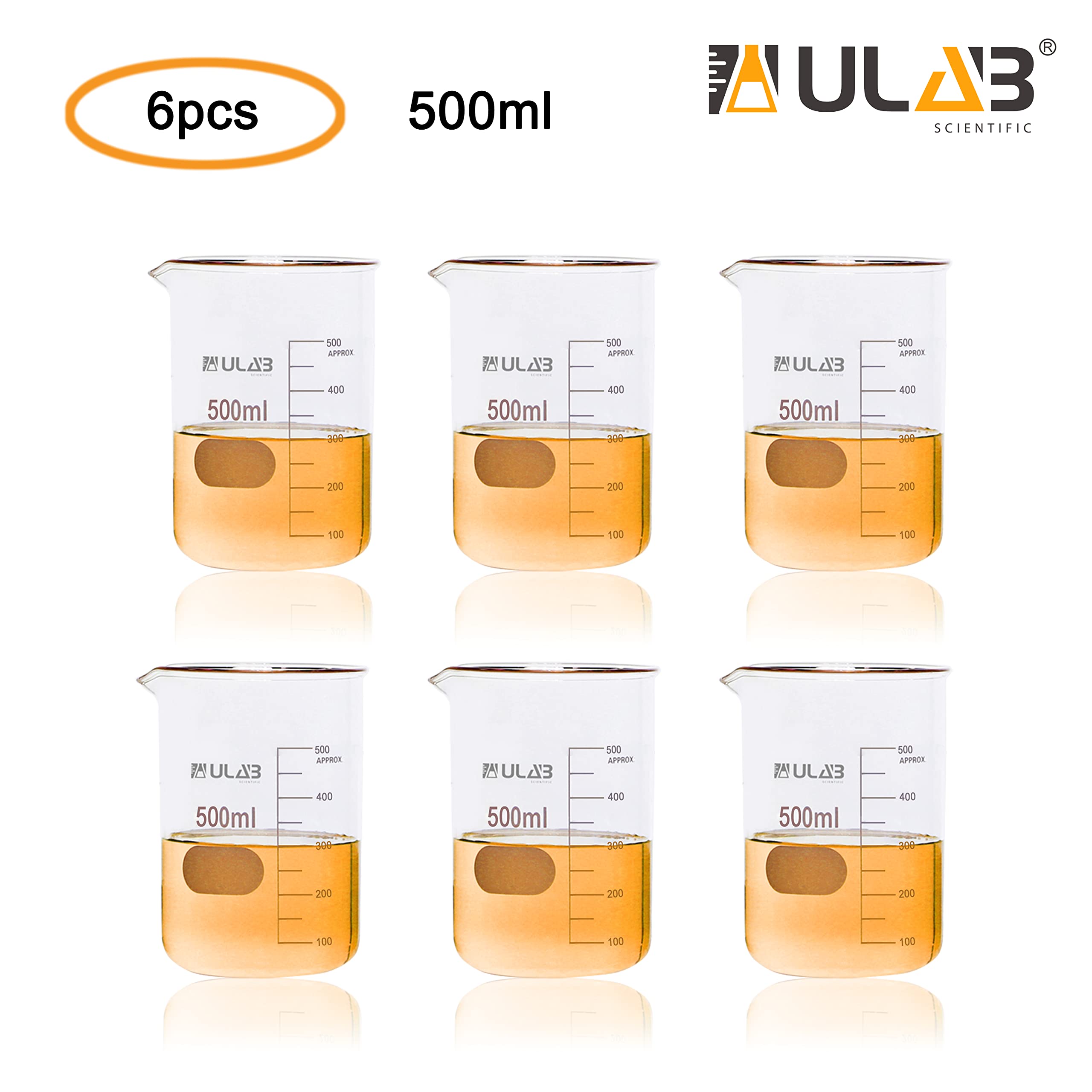 ULAB 6 Stück Glas Berker 500ml, Borosilikatglas Becher mit Graduierung, Glasbecher Set für Labor, Küche, Schule UBG1038
