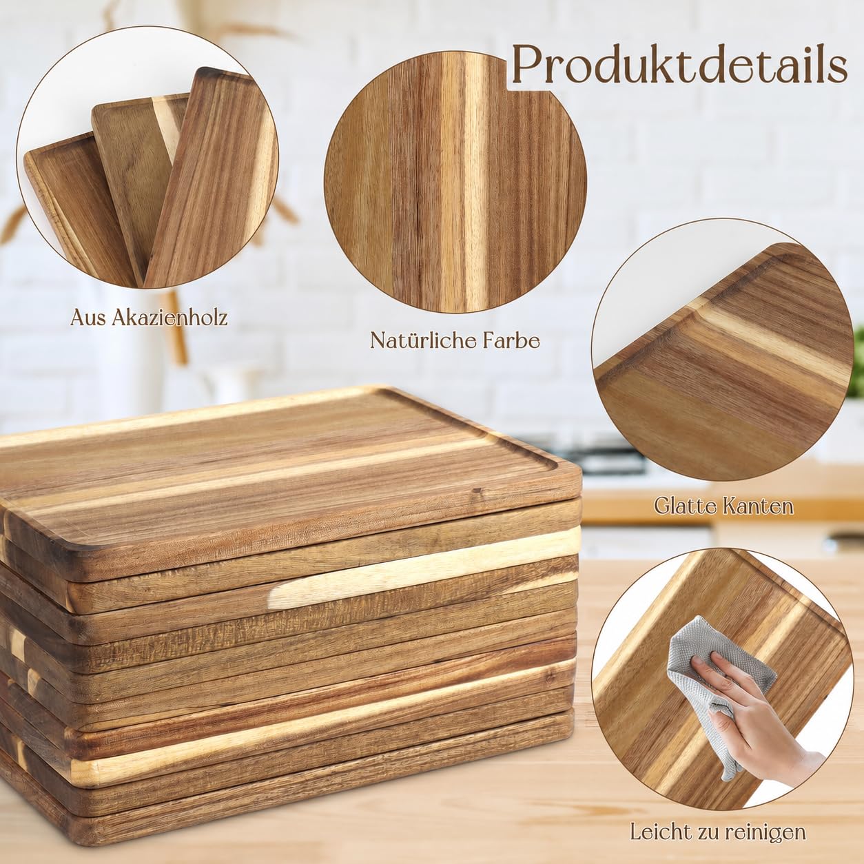 10er Set Servierbretter aus Akazienholz, Rechteckig, 30 x 20 cm