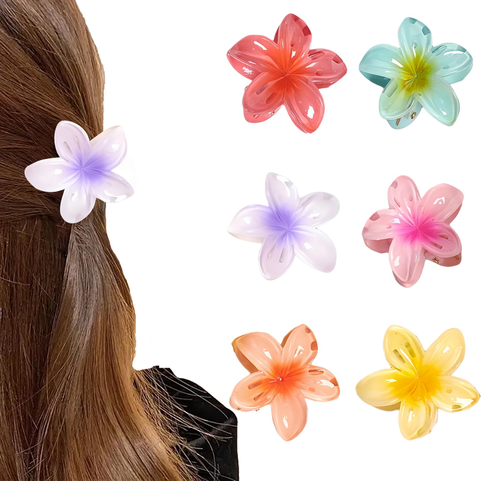 Pack of 6 Flower Hair Clips, Flower Hair Clips, Hawaiian Flower Hair Clips, 4CM Large Plumeria Flower Claw, Thin and Thick Curly Hair for Women, Hair Clip