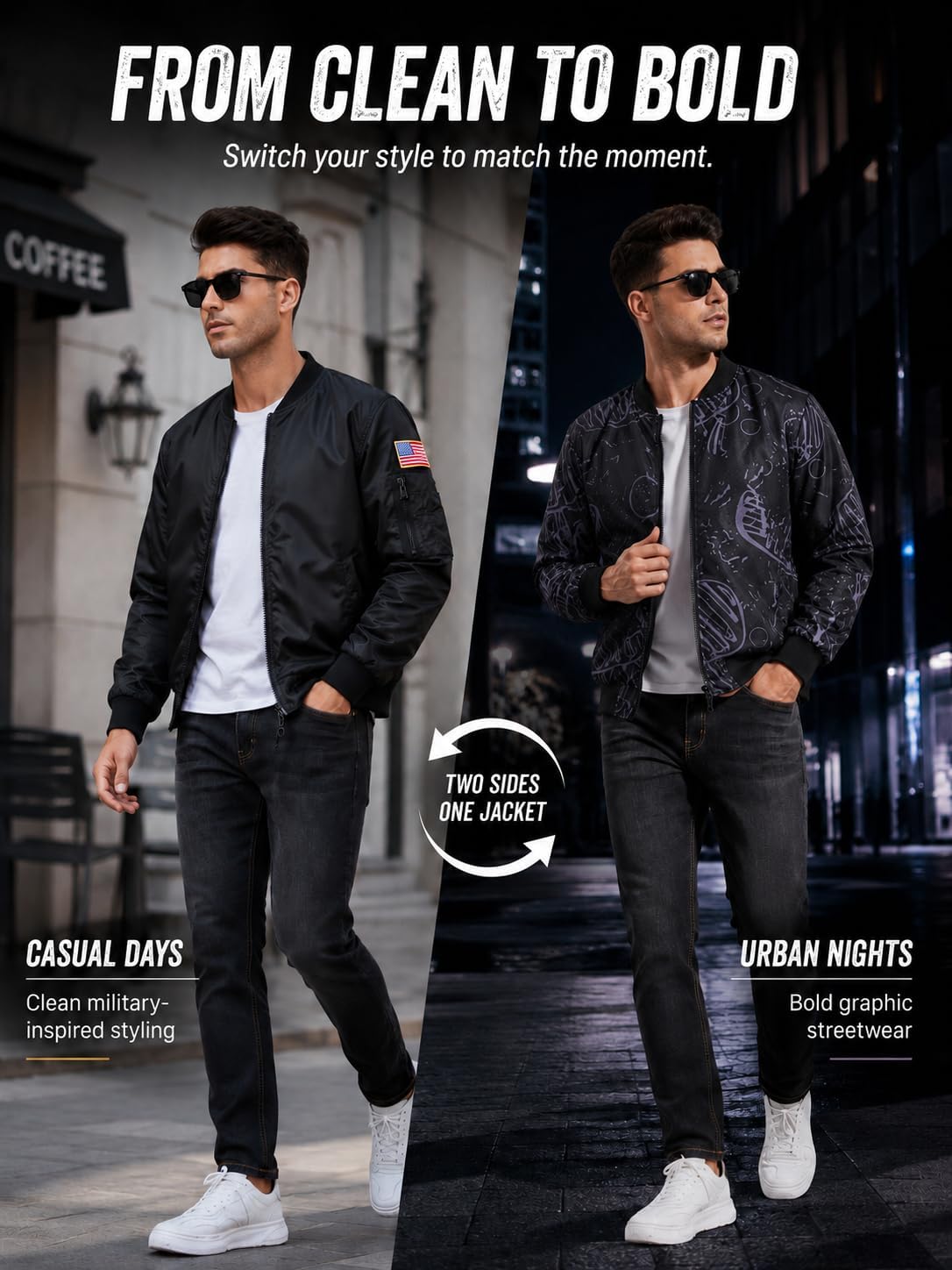 GEEK LIGHTING Mens Reversible Bomber Jacket Lightweight Windbreaker Zip Up Casual Stylish Coat Outdoor Flight Pilot Jacket