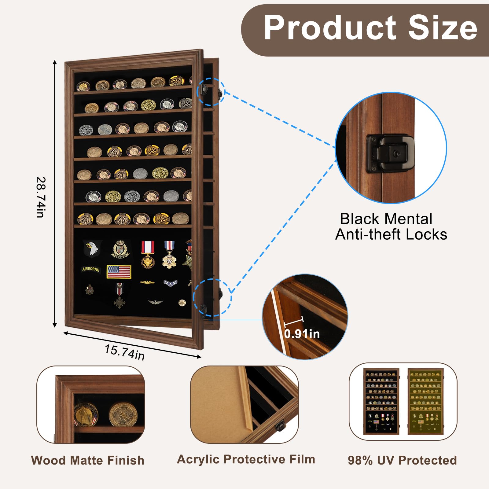Verani Medals Display Case - Military Challenge Coin Display Shadow Box - Pin Display Cabinet with Removable Shelves and Pinnable Background for Badges Ribbons Insignia Buttons Overized Walnut