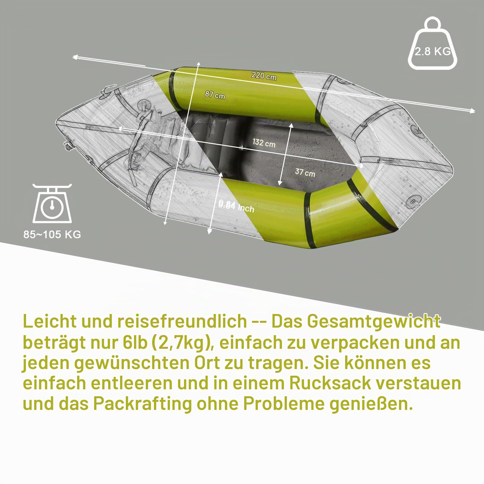 Packraft 420D TPU Aufblasbare Reise Kayak Leichte Packrafts mit weichem Sitz für Flachwasser Rafting Fahrrad Driften Litewater Dinghy, 1 Person