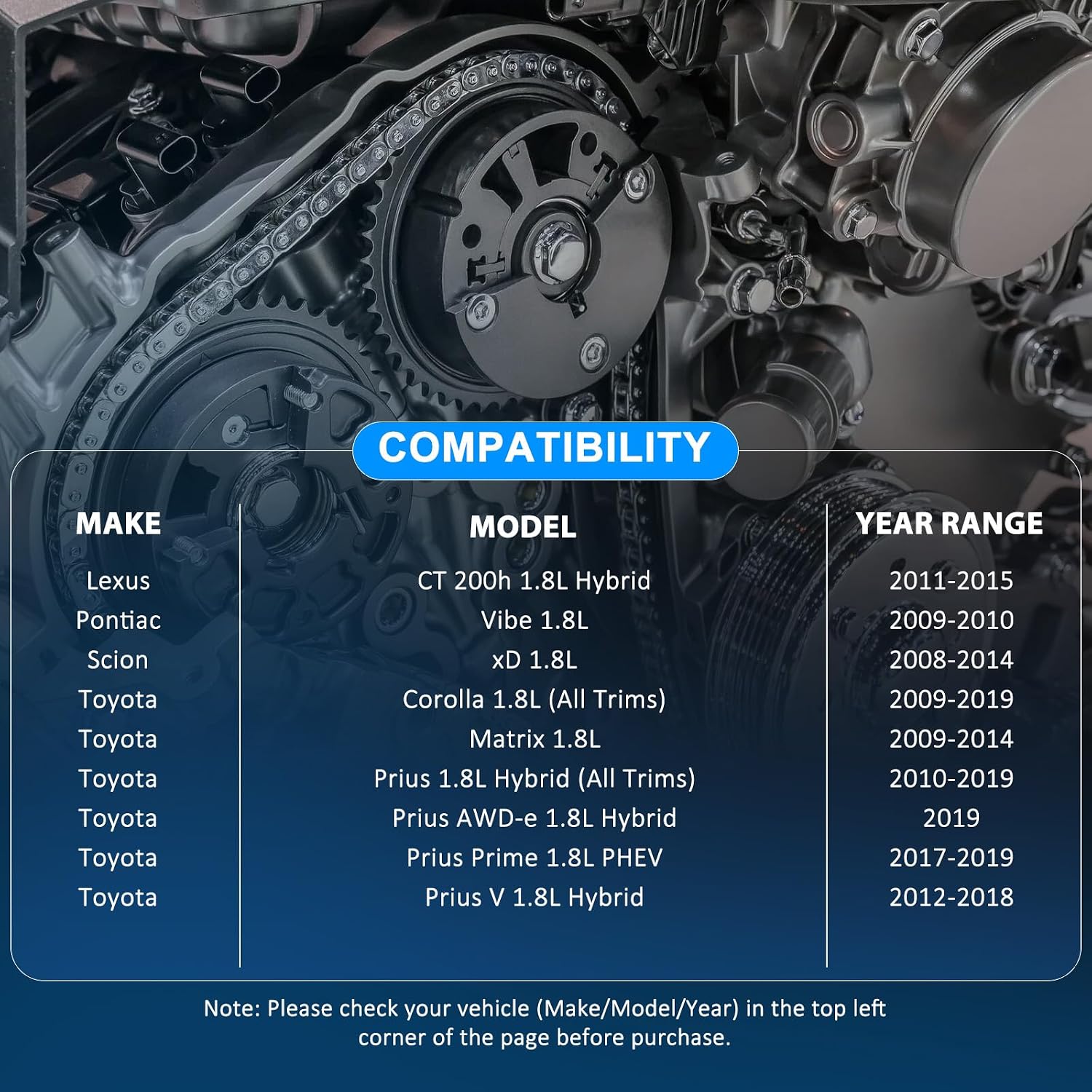 Timing Chain Kit Replacement Compatible with Toyota Models 2017- Yaris Scion Vibe Corolla Matrix Prius xD CT200H 1.8L 2.4L 2ZR FE 1.8L Part 13559-37050