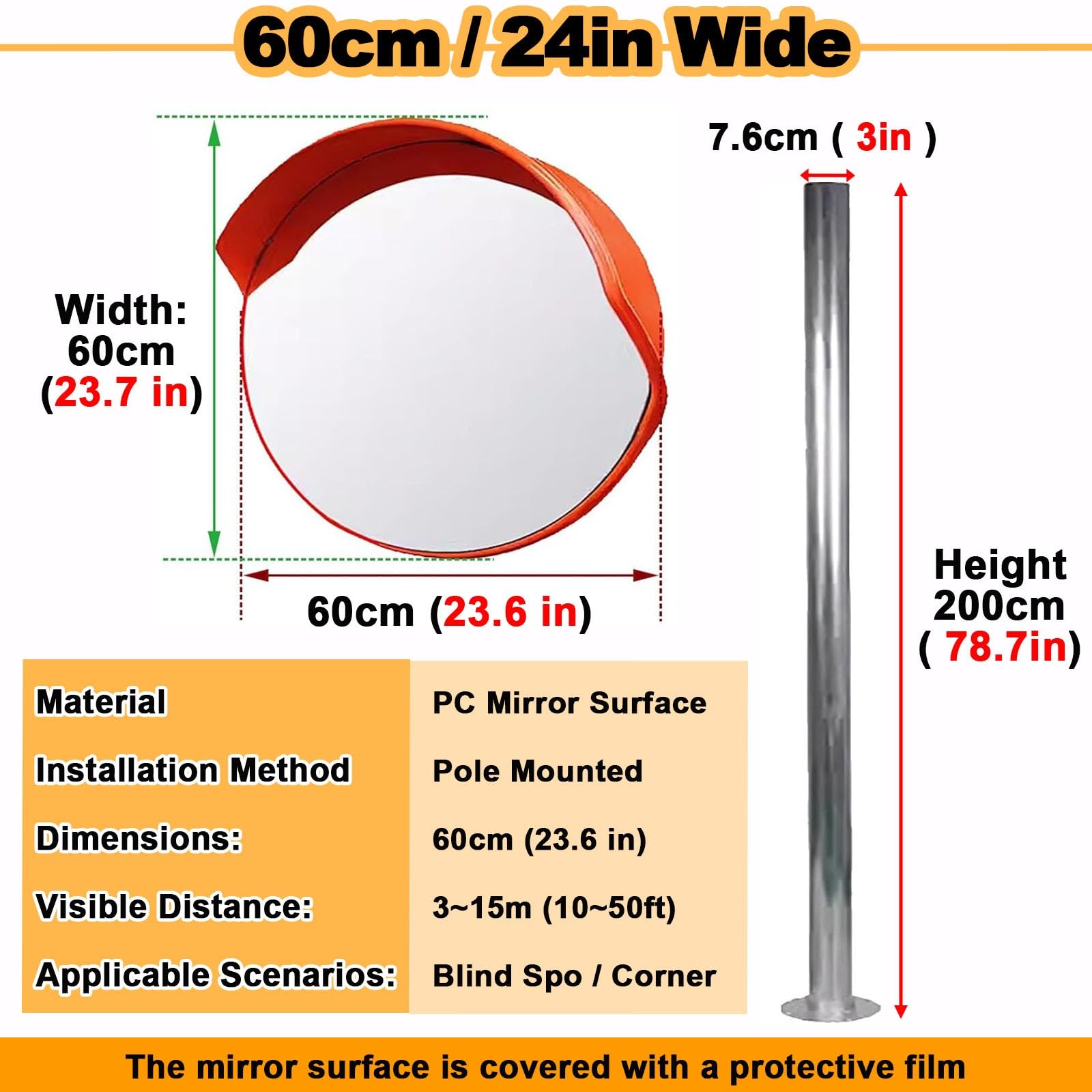 Miroir Convexe Rétroviseurs De Garage avec Aide Au Stationnement – ​​45 55 60 75 80 100 Cm De Diamètre, Miroir De Sécurité pour Angle, Miroir Grand Angle(Dia-60cm (24in))