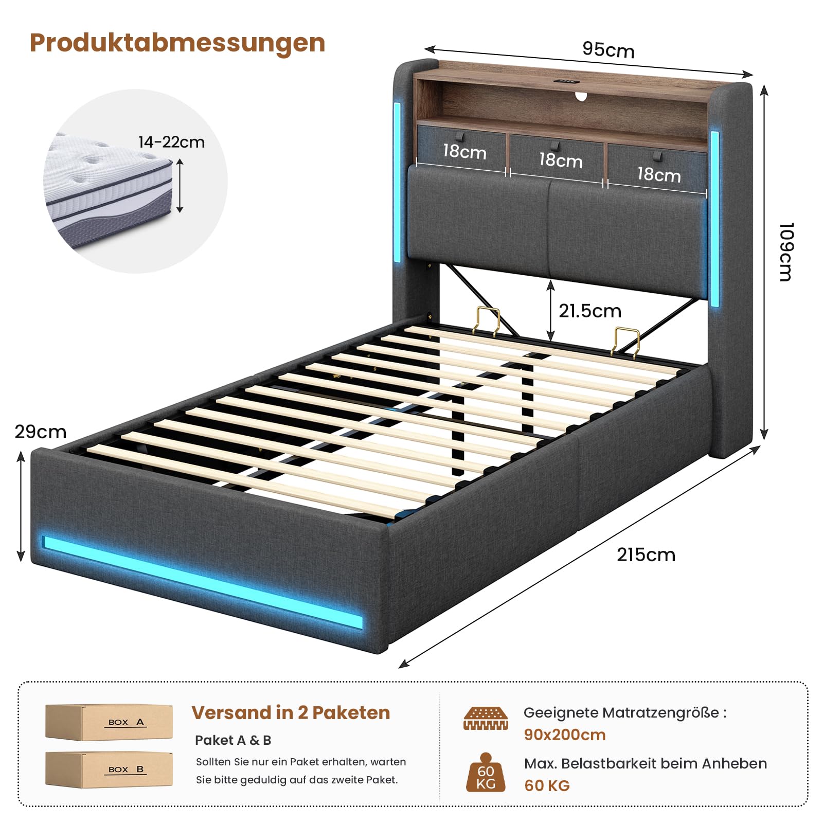 AOGLLATI Polsterbett 90x200 mit Hydraulisch Stauraum,3 schubladen und LED | Jugendbett 90x200 mit Ladestation, Stauraum Kopfteil, Lattenrost aus Holz, Einzelbett belastbar bis 250 kg, Leinen Dunkelgrau