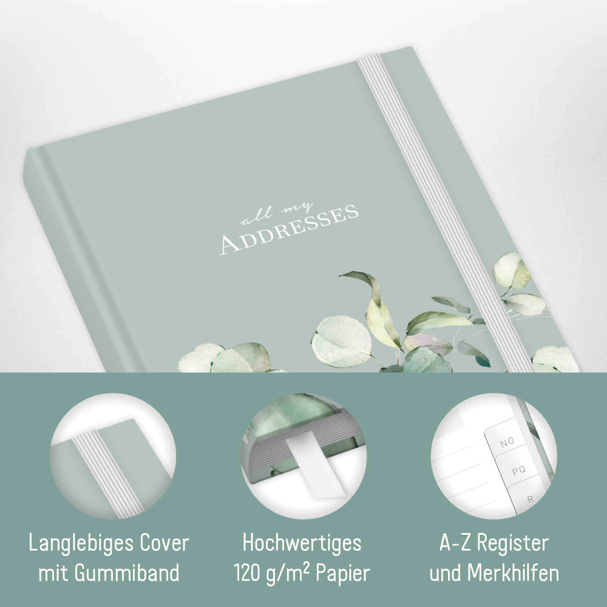 Paper&You® Address Book A6+ with A-Z Index and 120 g/m² Premium-Paper "Minty Leaves" for Contacts Birthdays & passwords - Image 2