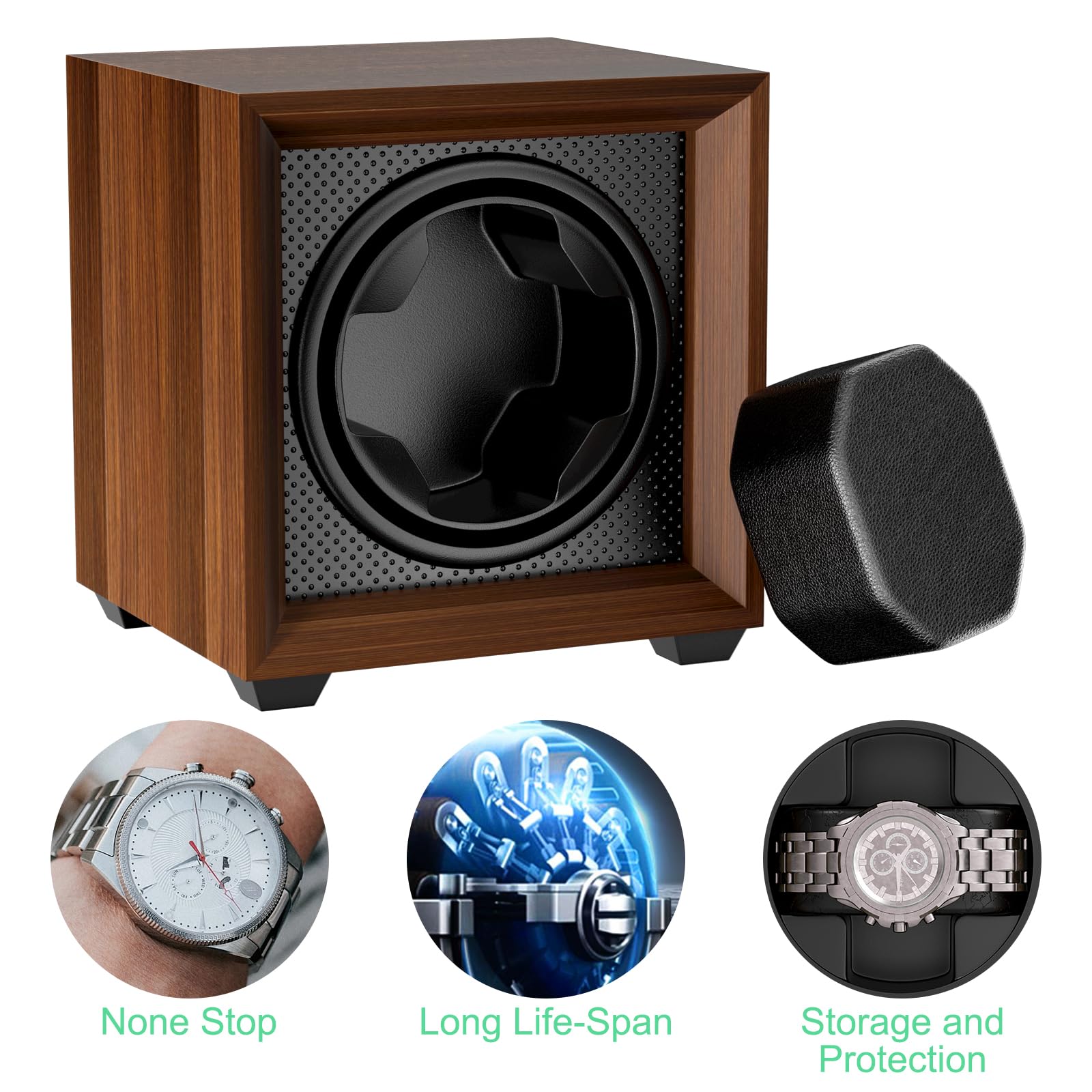 Newaner Caja para Dar Cuerda a Relojes mecánicos, automatico con Motor silencioso, 2 Ajuste Modos, Cuadrada y Color Nuez, con Puerto de Carga USB y Espuma viscoelástica